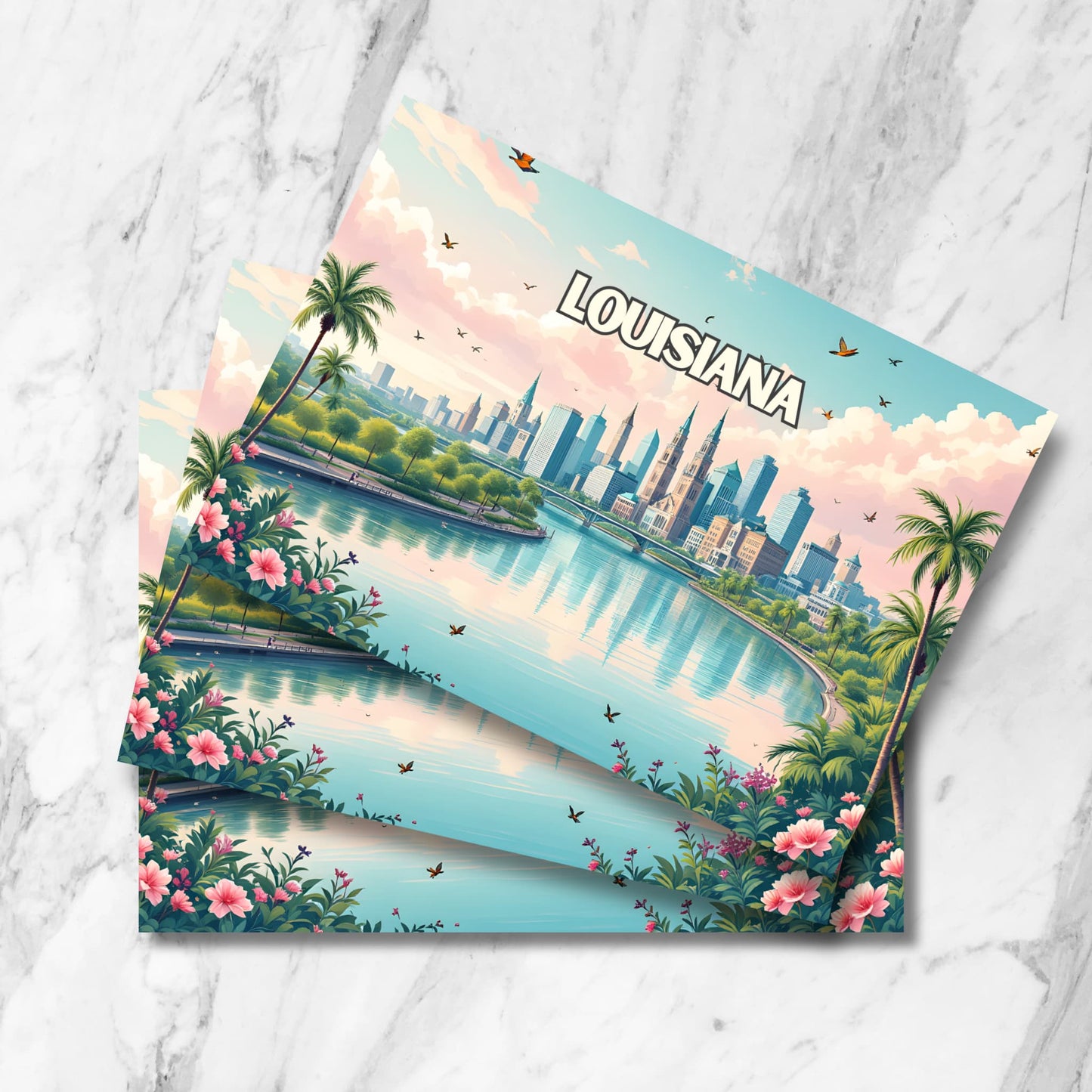 Louisiana skyline digital postcards with palm trees and hibiscus flowers. Multiple prints stacked on marble background showing New Orleans cityscape.