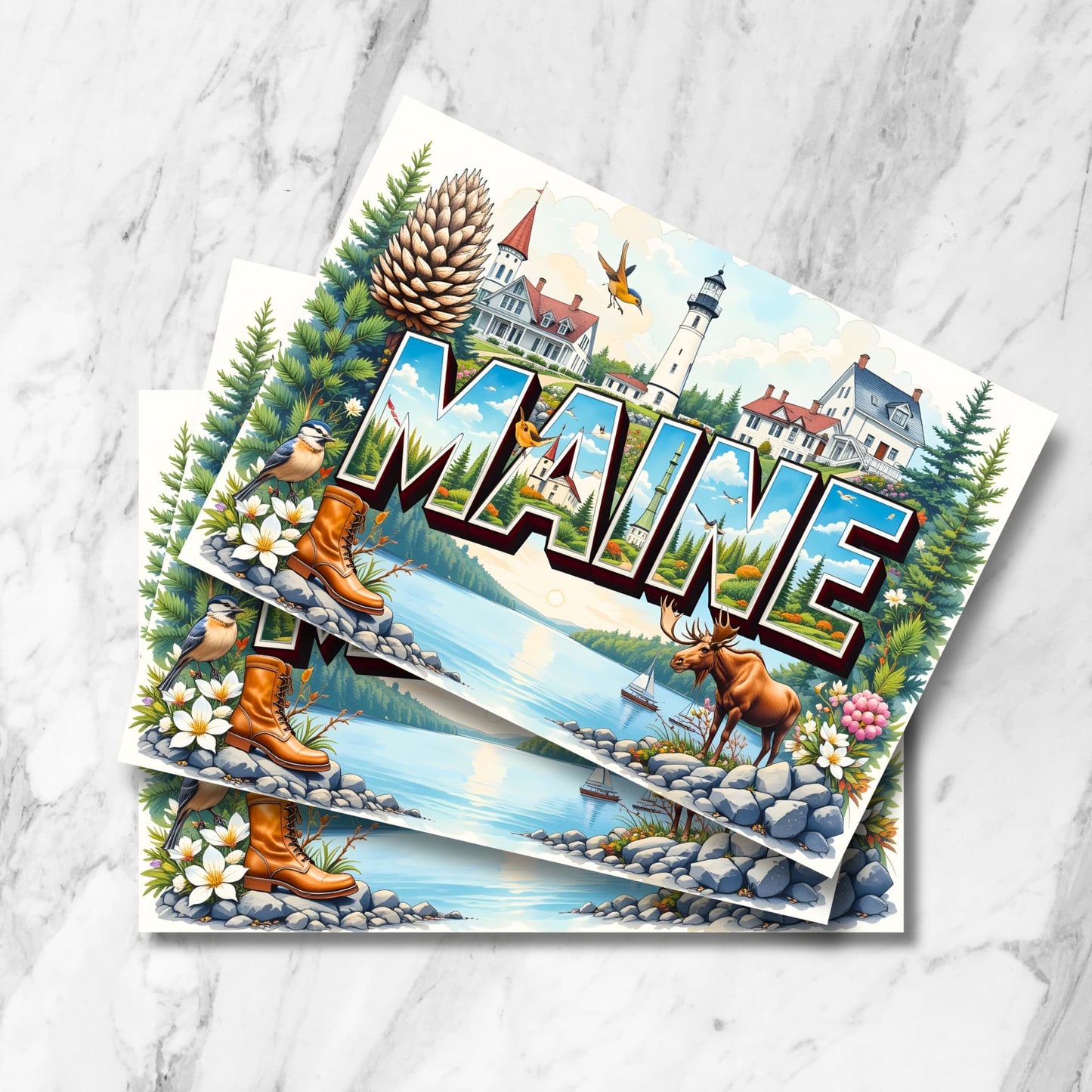 Maine illustrated letter postcard set with lighthouse and coastal scenes. Multiple cards stacked showing moose, chickadee, pine cone and L.L.Bean boot imagery.
