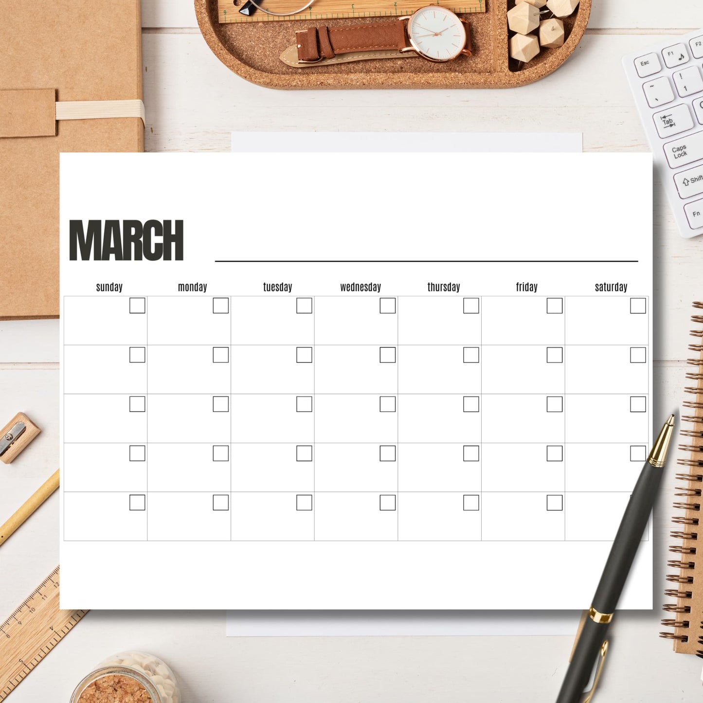 March calendar template on white office desk with cork organizer tray and gold pen for spring planning