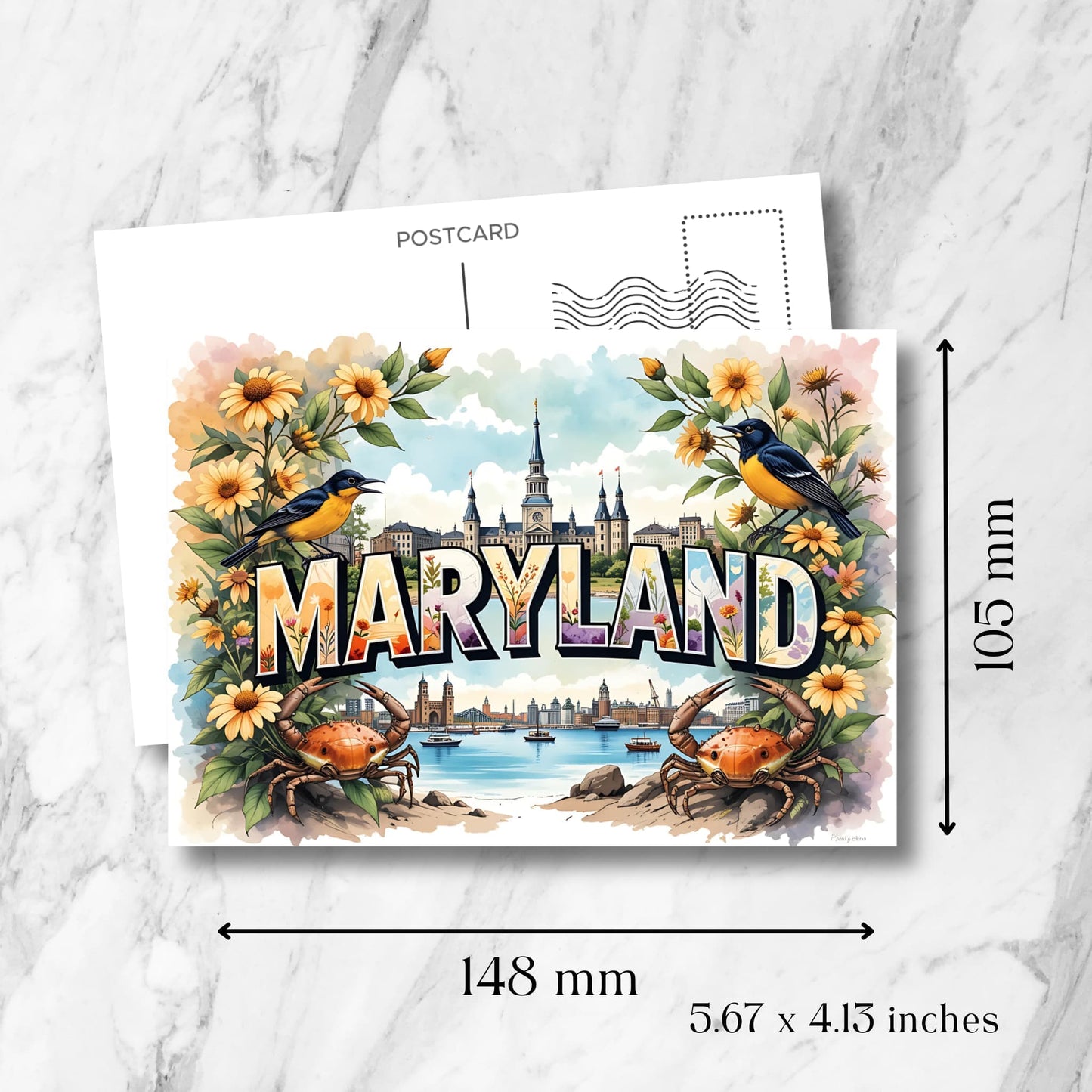 Maryland watercolor print showing 148×105mm dimensions with Annapolis skyline, harbor view, blue crabs, orioles and black-eyed susan flowers.