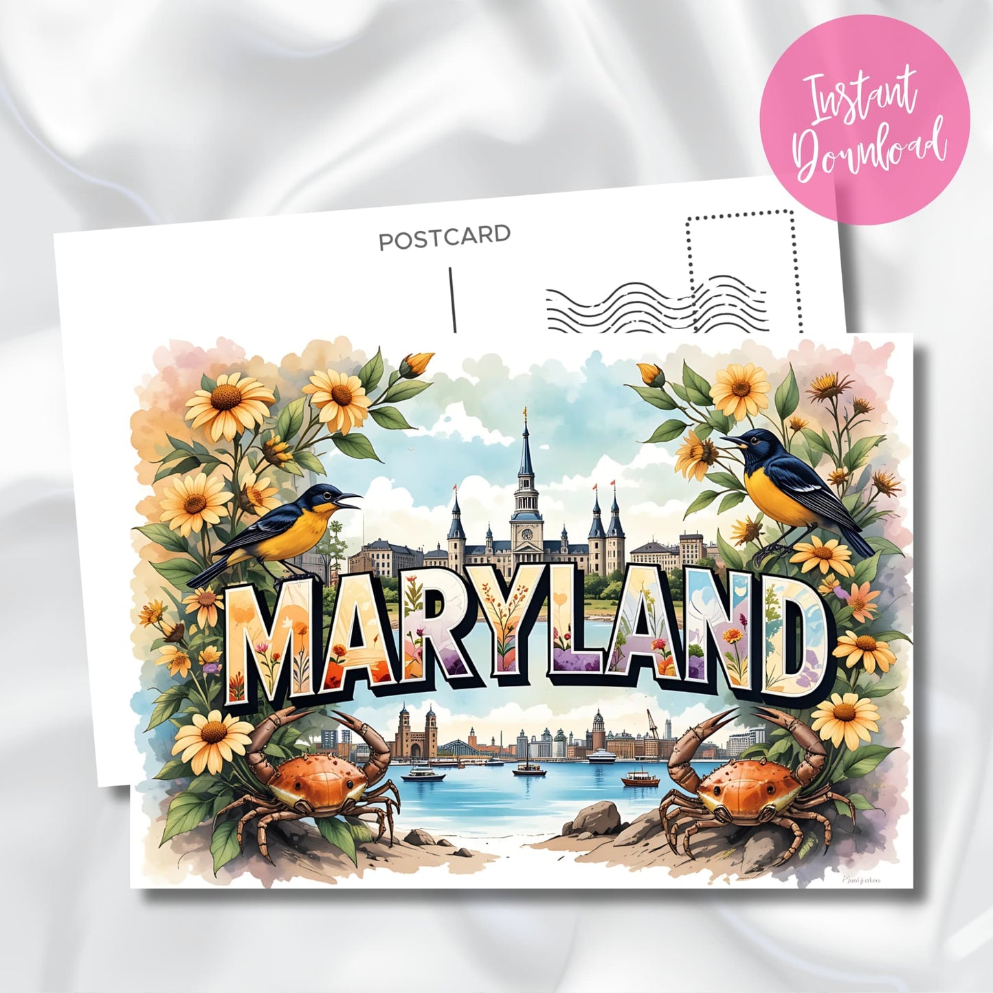 Maryland watercolor featuring Annapolis harbor, historic buildings, blue crabs, orioles and black-eyed susan flowers with instant download badge.