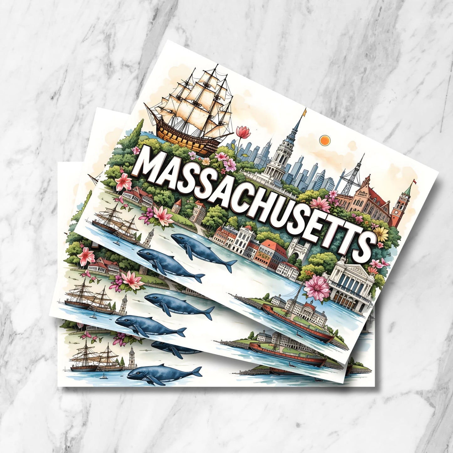 Stack of illustrated Massachusetts postcards featuring sailships, Boston skyline, coastal buildings and blue whales swimming in harbor waters, decorated with pink and yellow flowers.