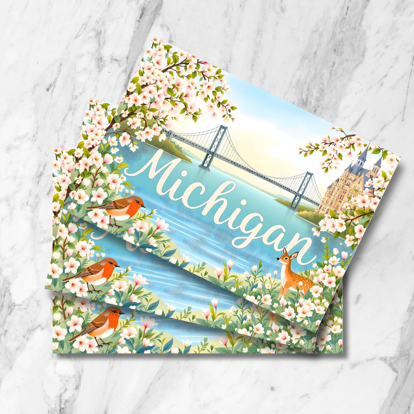Stack of Michigan spring postcards featuring Mackinac Bridge, cherry blossoms, robin and deer against turquoise waters on marble background.