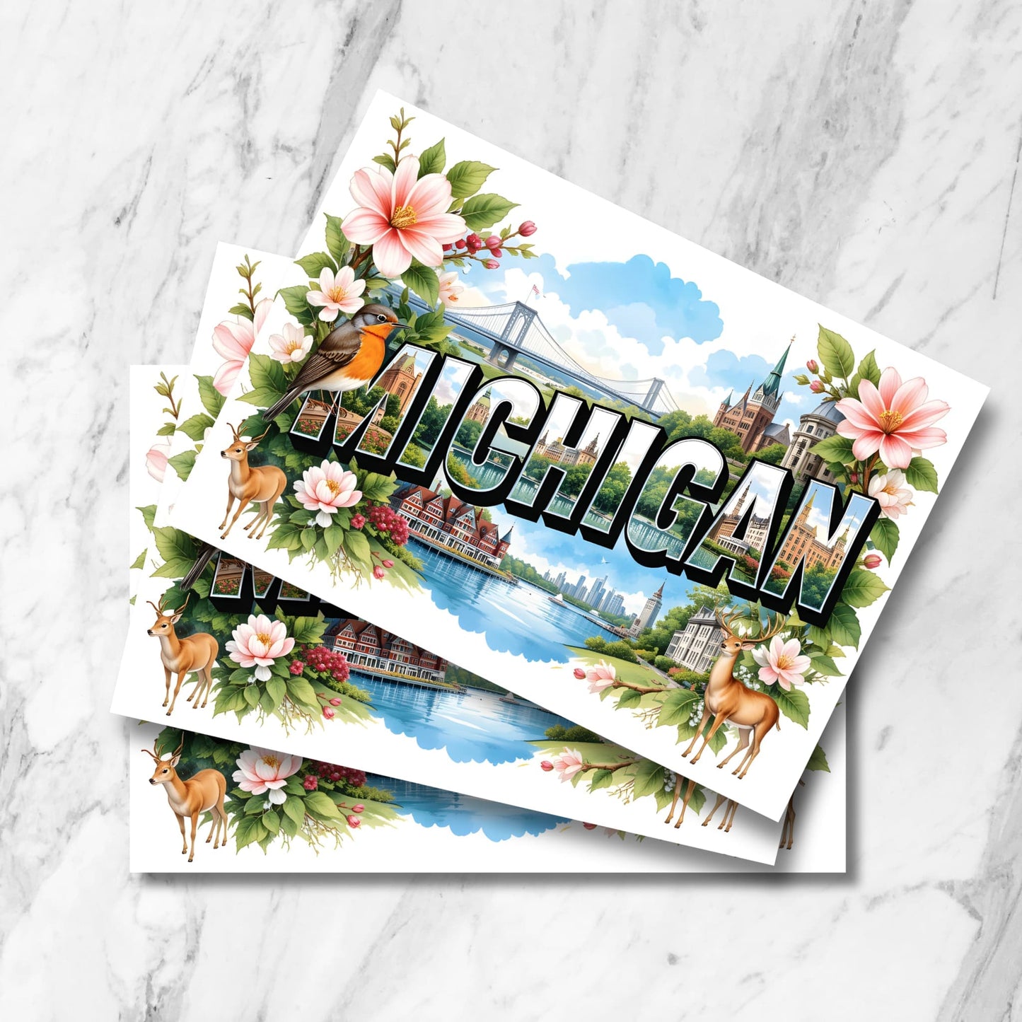 Stack of Michigan postcards displaying Mackinac Bridge, state landmarks, robin, deer and apple blossoms against marble background.