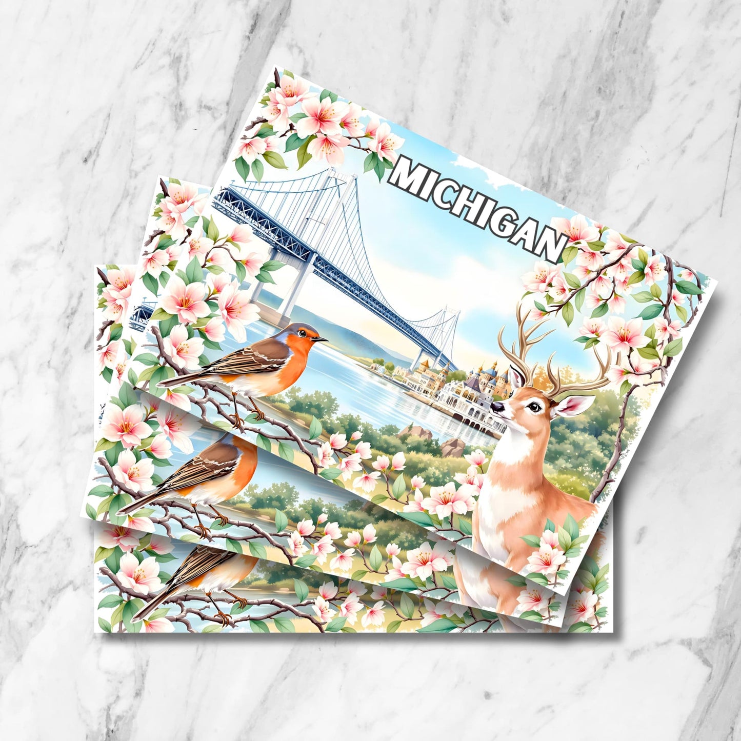 Stack of Michigan postcards featuring Mackinac Bridge, white-tailed deer, robin and cherry blossoms on marble background.