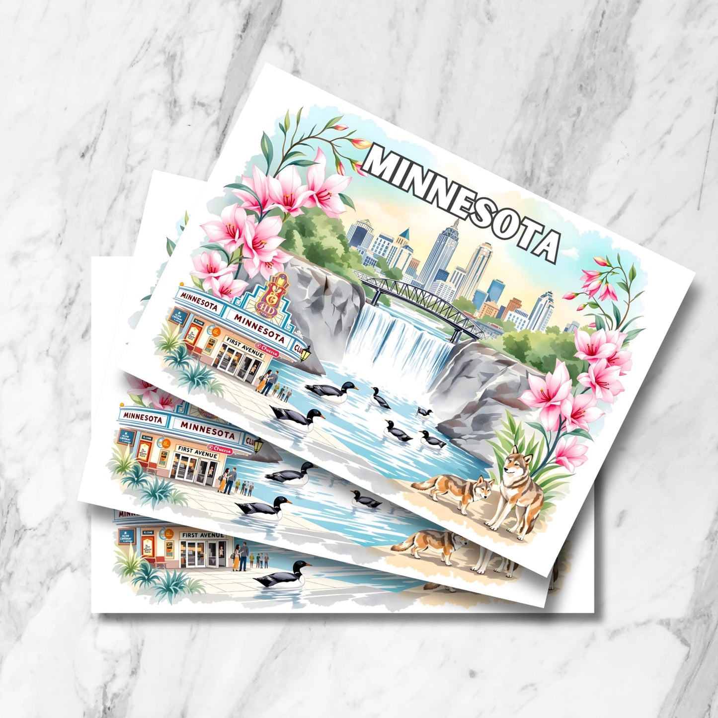 Stack of Minnesota postcards featuring Minneapolis skyline, waterfall, wolves, loons and First Avenue club with pink lily border on marble.