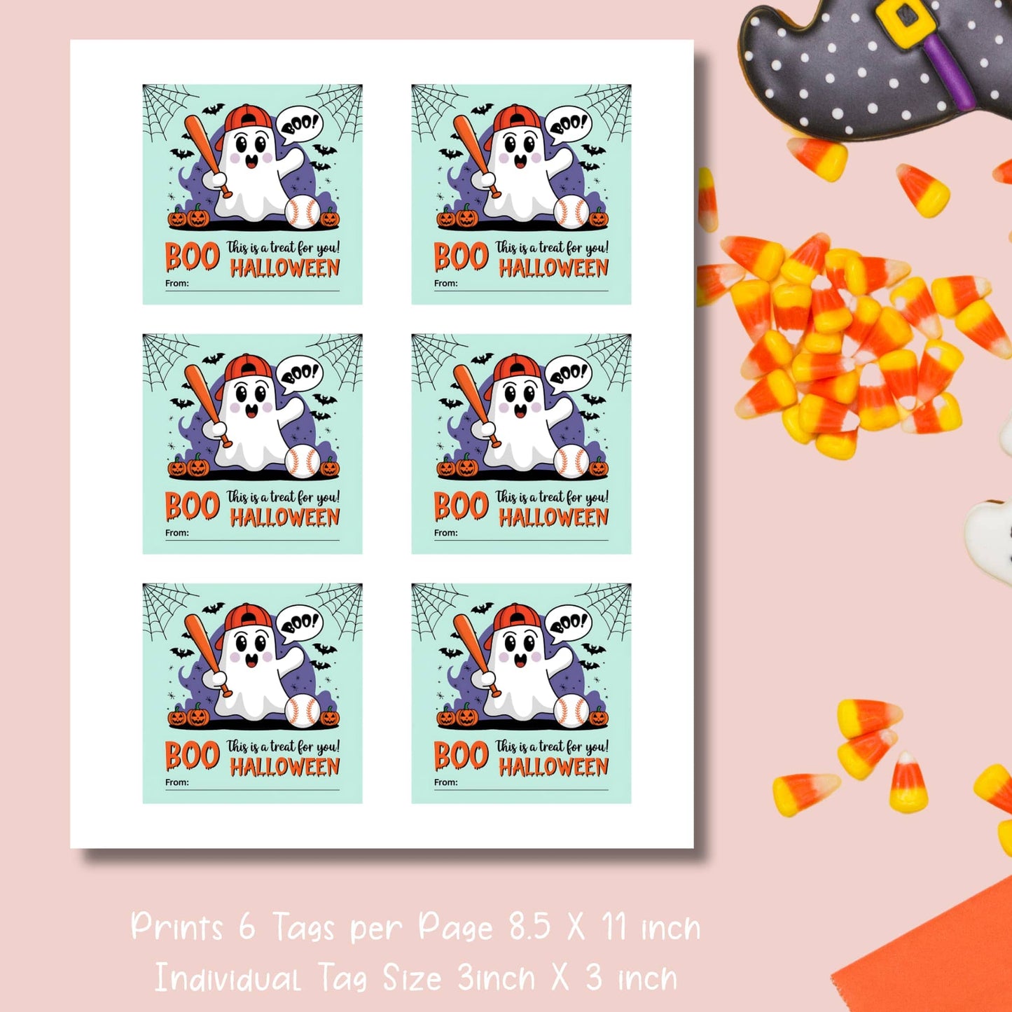 Printable sheet of mint green Halloween favor tags featuring baseball ghost, 6 tags per 8.5x11 inch page for teacher and staff treats