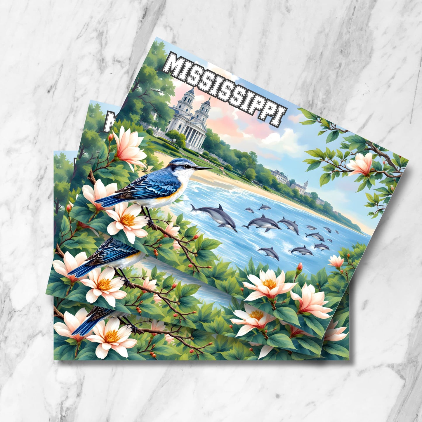 Stack of Mississippi postcards featuring Capitol building, magnolia flowers, bluebirds and dolphins against coastal scene on marble background.