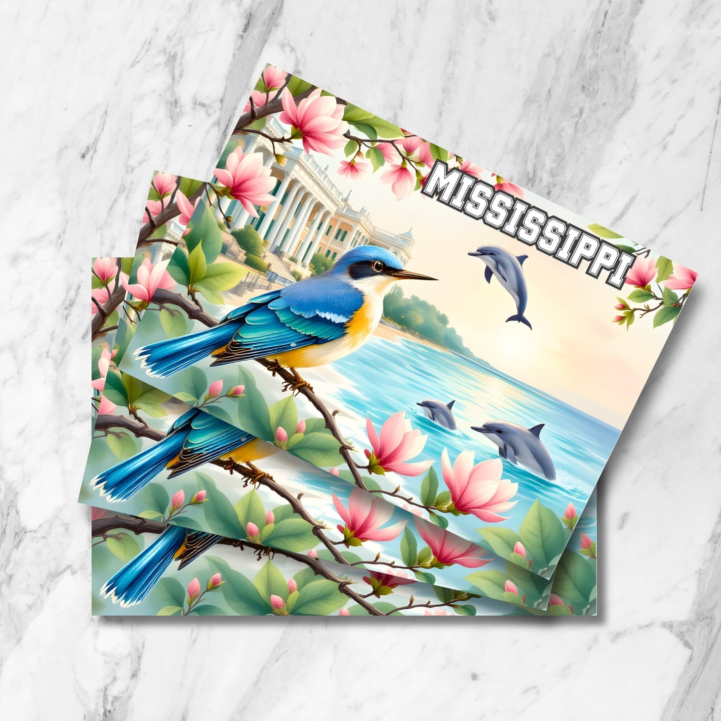 Stack of Mississippi postcards featuring historic mansion, kingfisher bird, dolphins and magnolia blossoms on marble background.