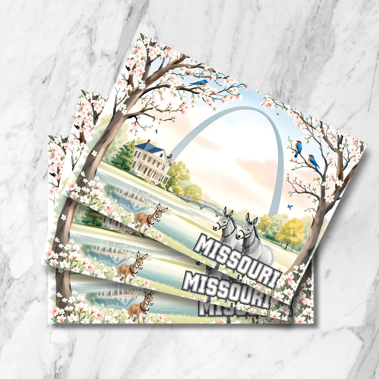 Set of Missouri digital postcards with magnolia flowers, bluebirds, and scenic view of the arch and state animals.
