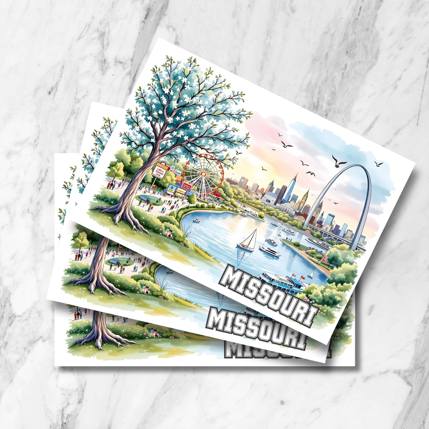 Missouri skyline art print featuring gateway arch, ferris wheel, blooming tree, and waterfront park scene – digital postcard.