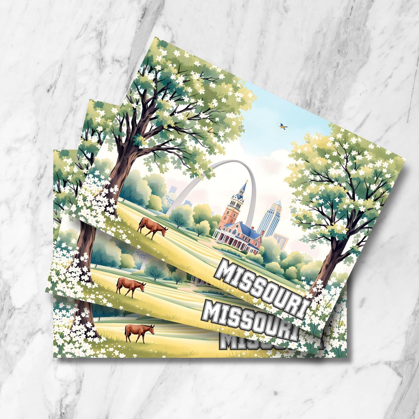 Missouri postcard with gateway arch, spring dogwood trees, grazing mule, and historic courthouse – digital state artwork.