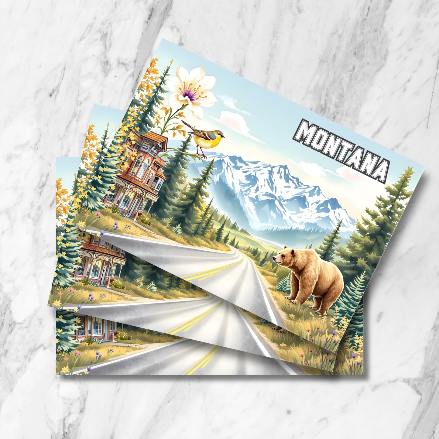 Montana digital postcard with scenic mountain highway, grizzly bear, and prairie wildflowers – downloadable art print souvenir