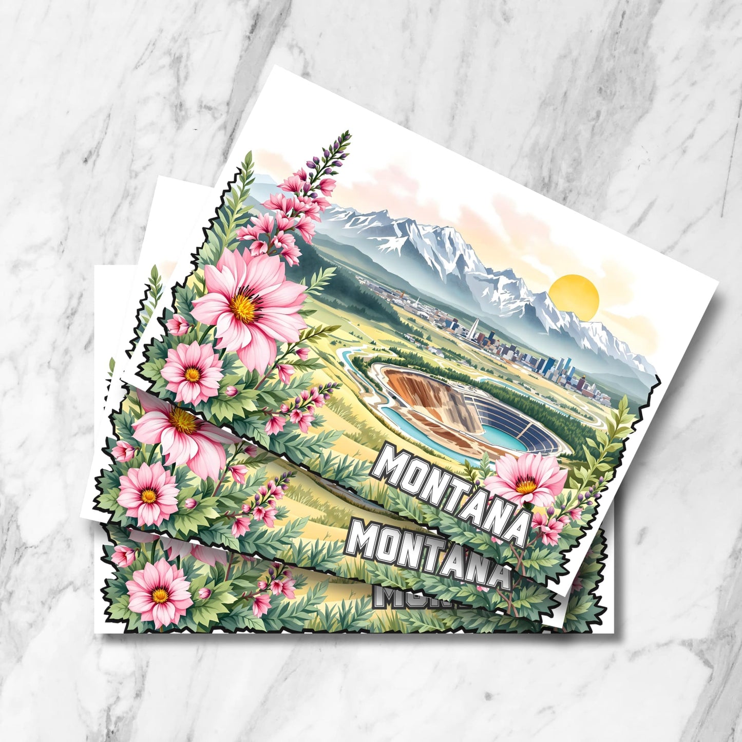 Digital Montana postcard with vibrant pink wildflowers, alpine peaks, and a sunlit mining pit scene.