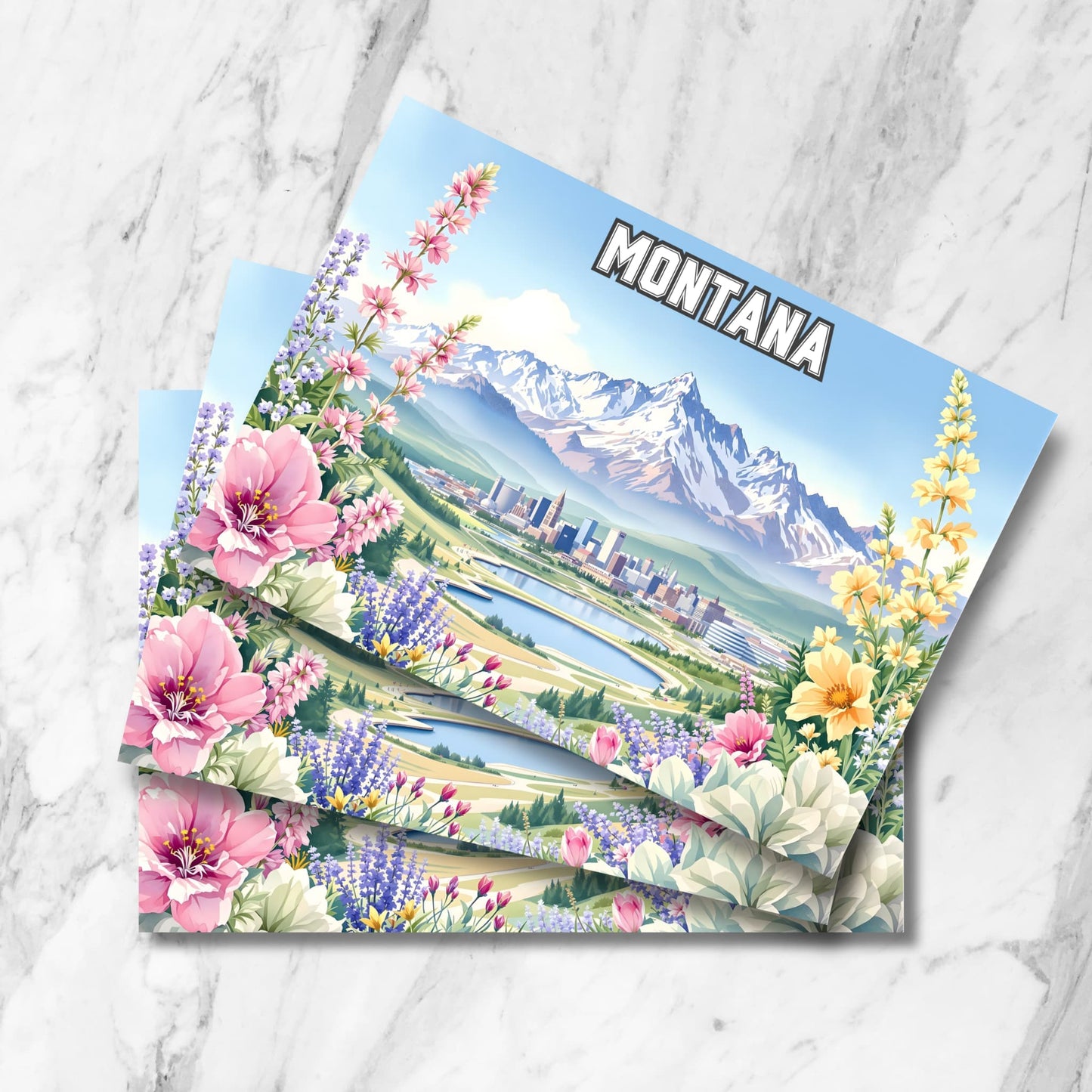 Montana spring digital postcard featuring wildflowers, mountain skyline, and state capital city in pastel hues – printable art PDF.