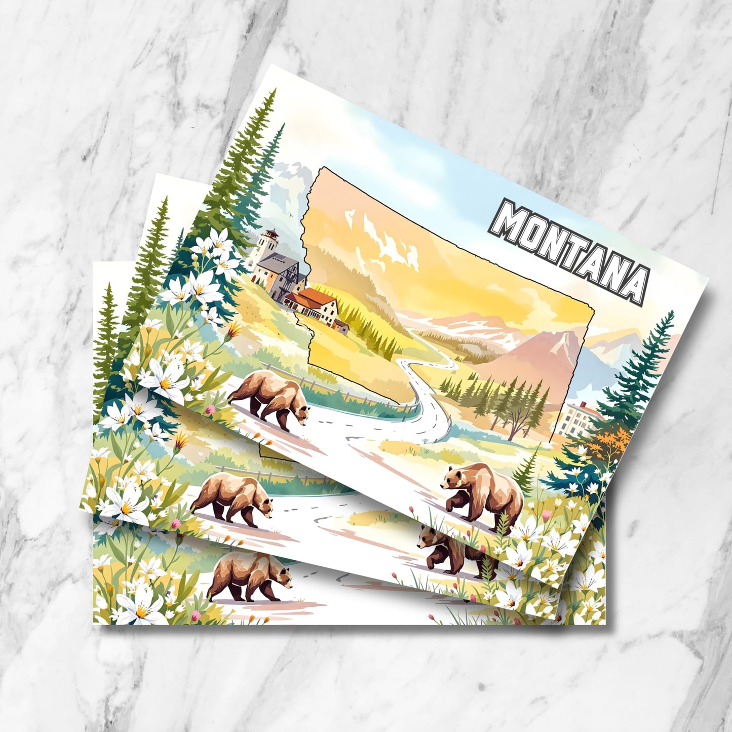 Montana state art print with grizzly bears, mountain landscape, wildflowers, and outlined state shape – digital postcard design.