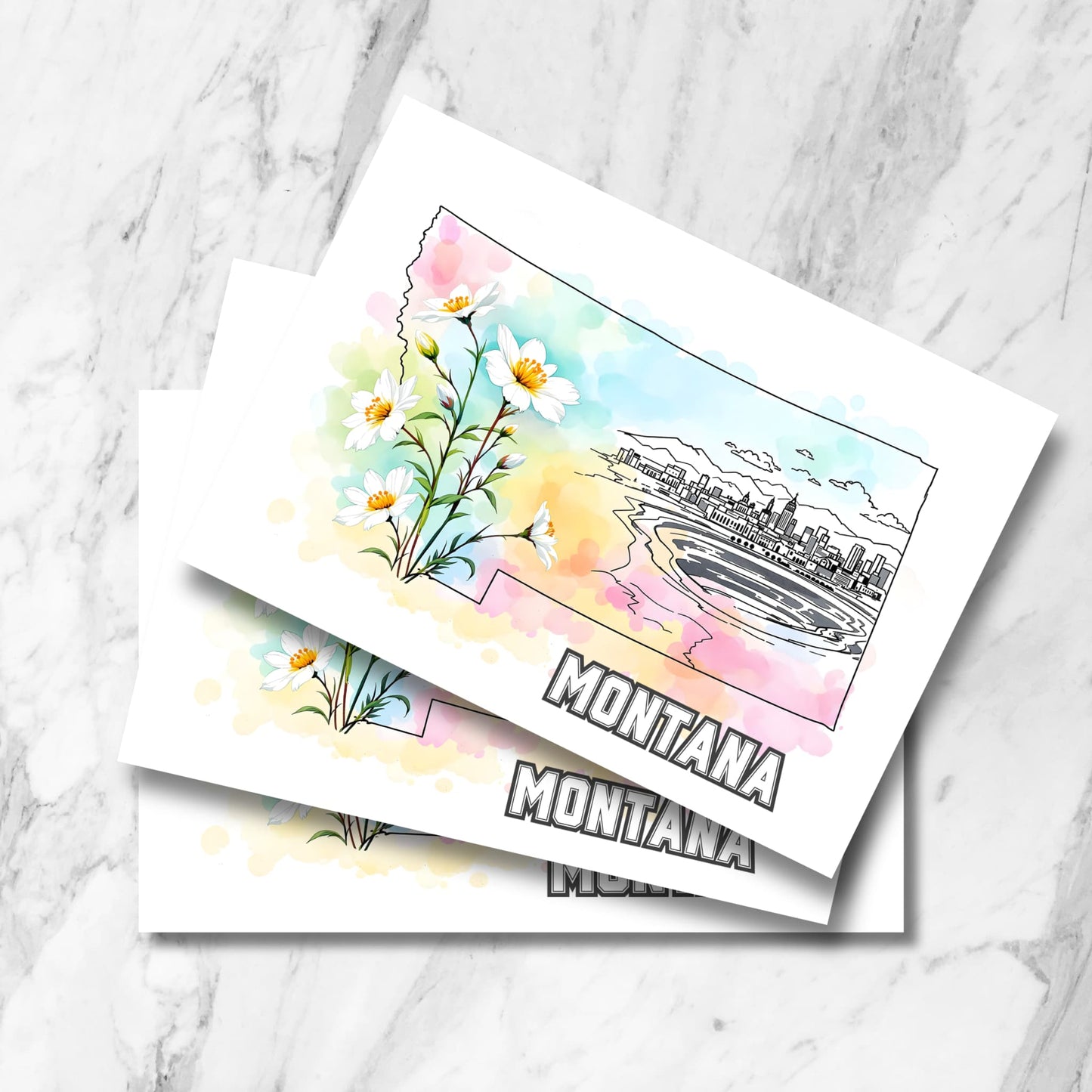 Montana digital art print featuring pastel watercolor background, wild prairie flowers, and hand-sketched skyline of the state inside an outlined map shape.