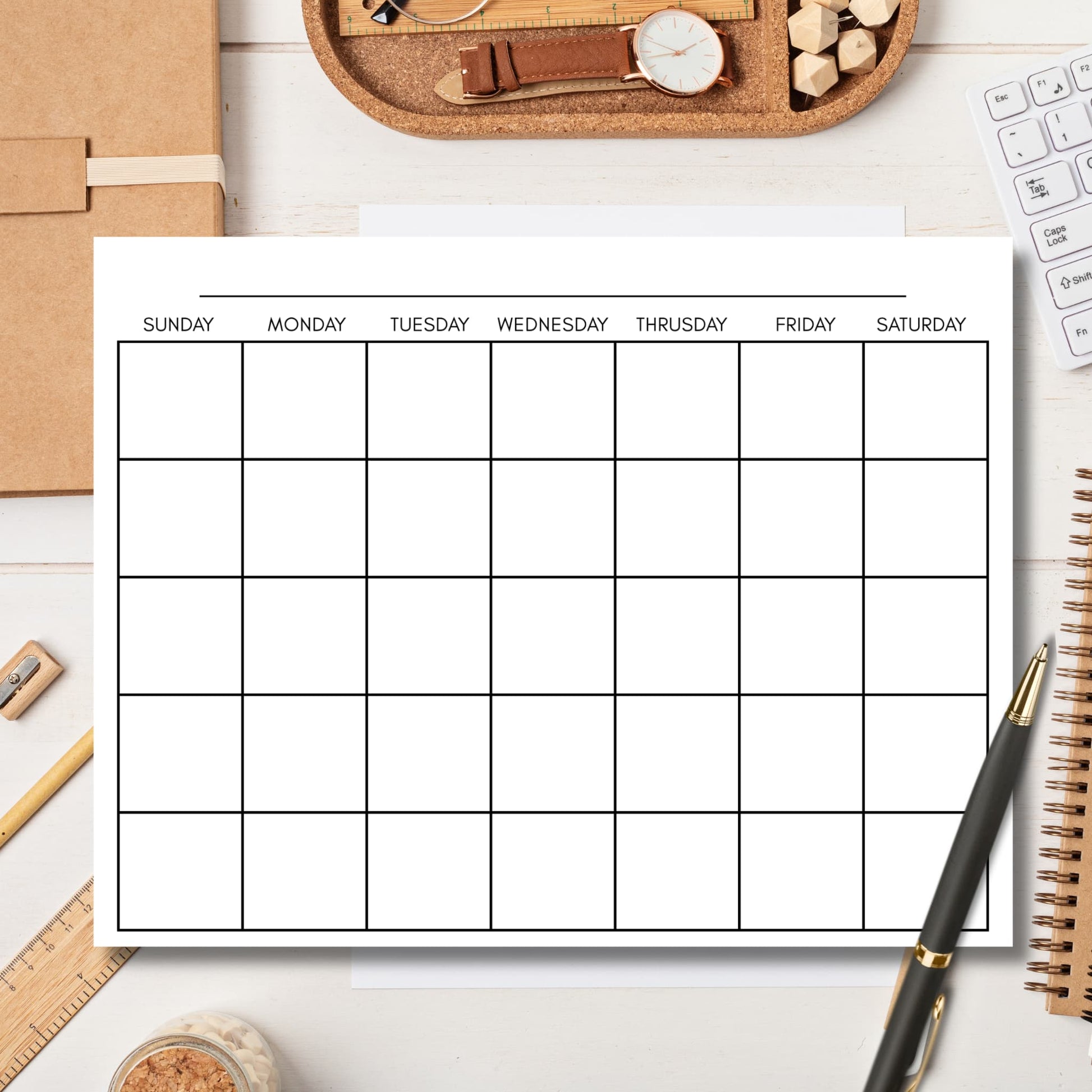 Blank monthly calendar printable on organized home office desk with pen, keyboard, and cork organizer