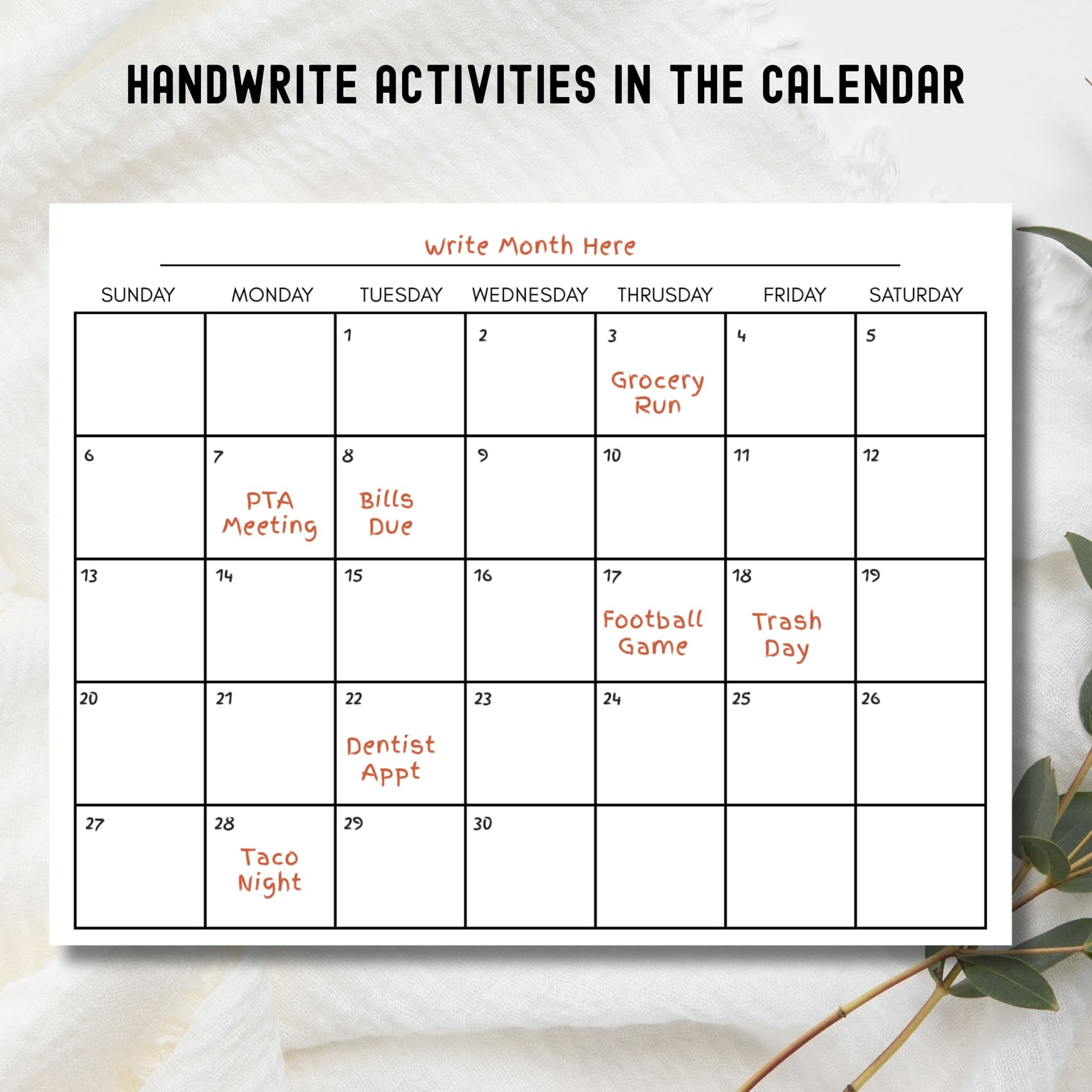 Monthly calendar template showing handwritten family activities and appointments in red ink