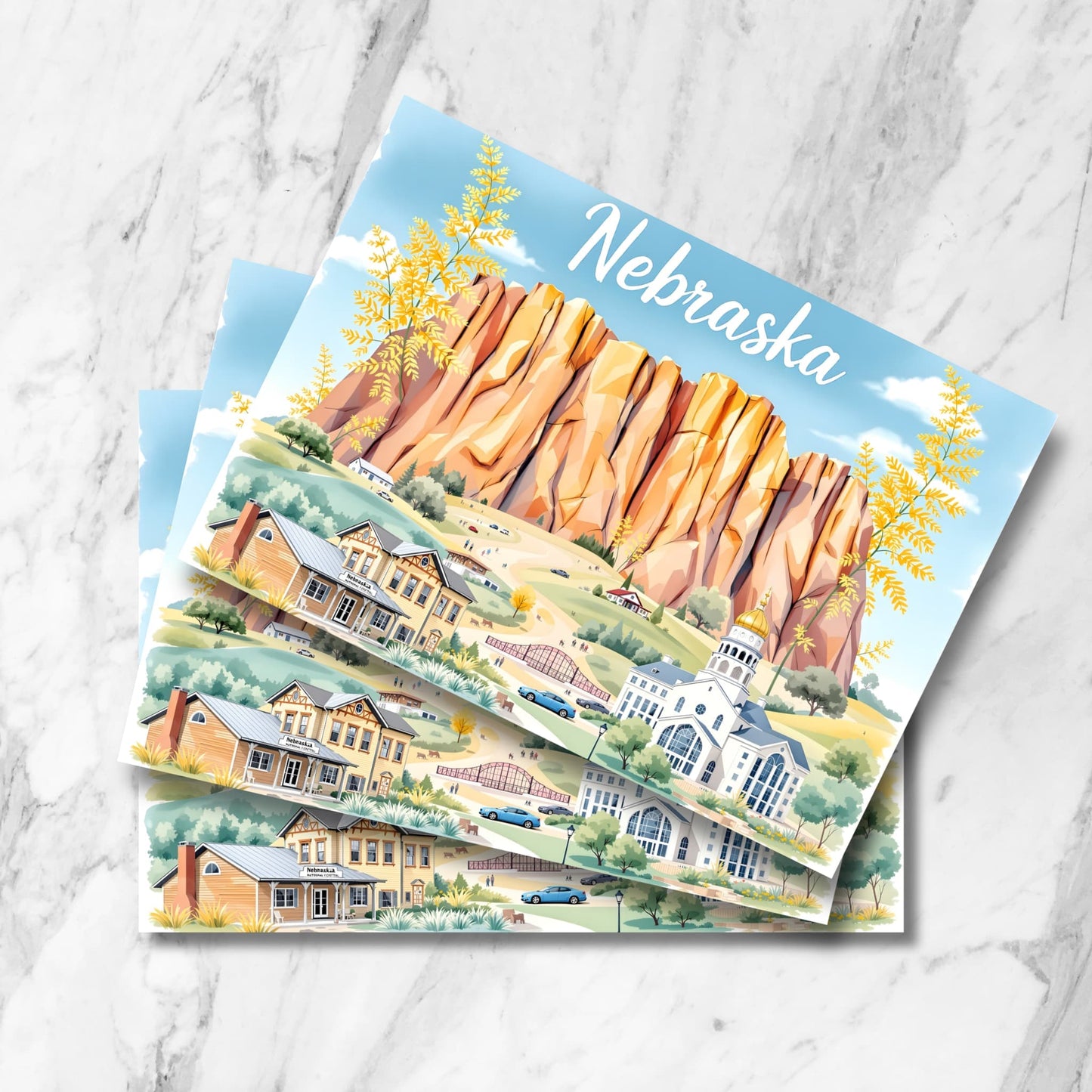 Printable Nebraska landmark art with rocky butte, historic courthouse, and cars on road, over white satin background with Instant Download label.