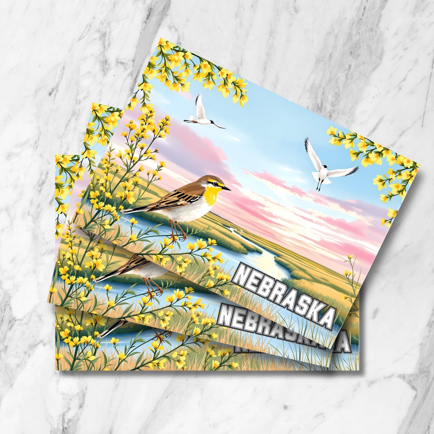 Instant download postcard showing a meadowlark and two birds in flight over a prairie river at sunset with yellow floral frame.