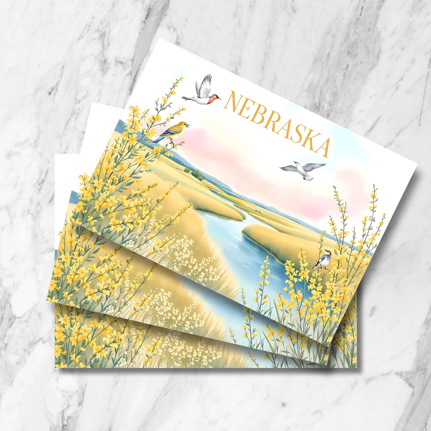 Nebraska prairie art print with wildflowers, flying birds, and a western meadowlark beside a winding river under pastel skies.