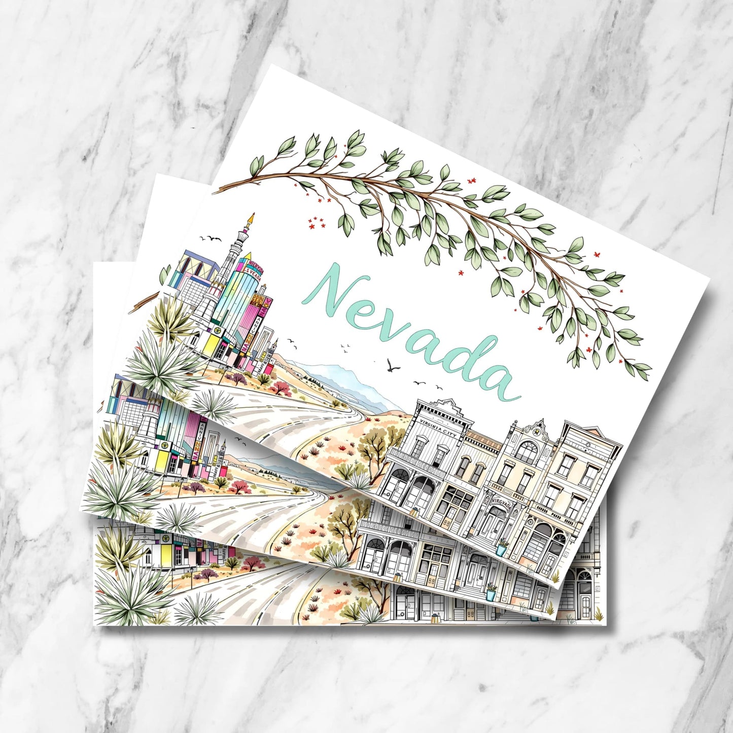 Nevada digital art postcard with highway winding past Vegas skyline, desert scenery, and Victorian storefronts under leafy branch.