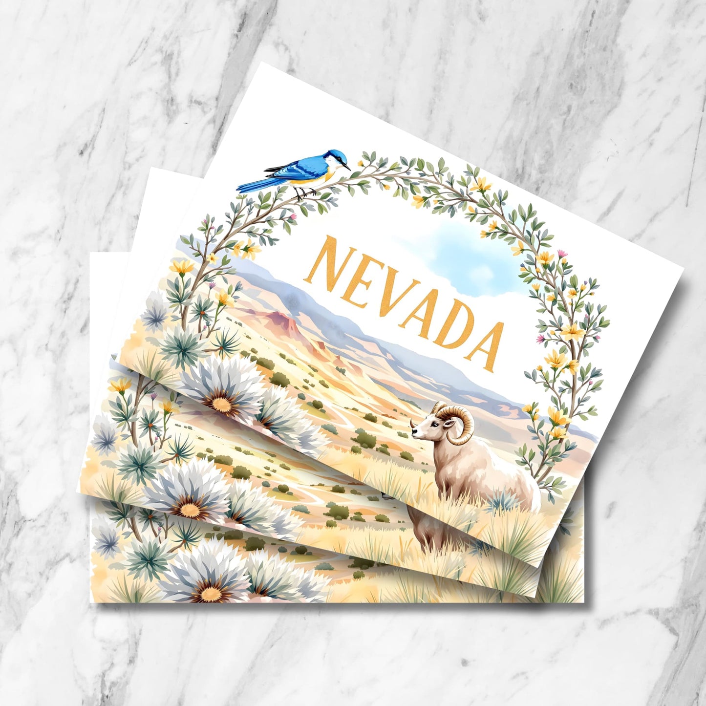 Nevada digital art print with desert landscape, bighorn sheep, and bluebird framed by wildflowers and mountains in the background.