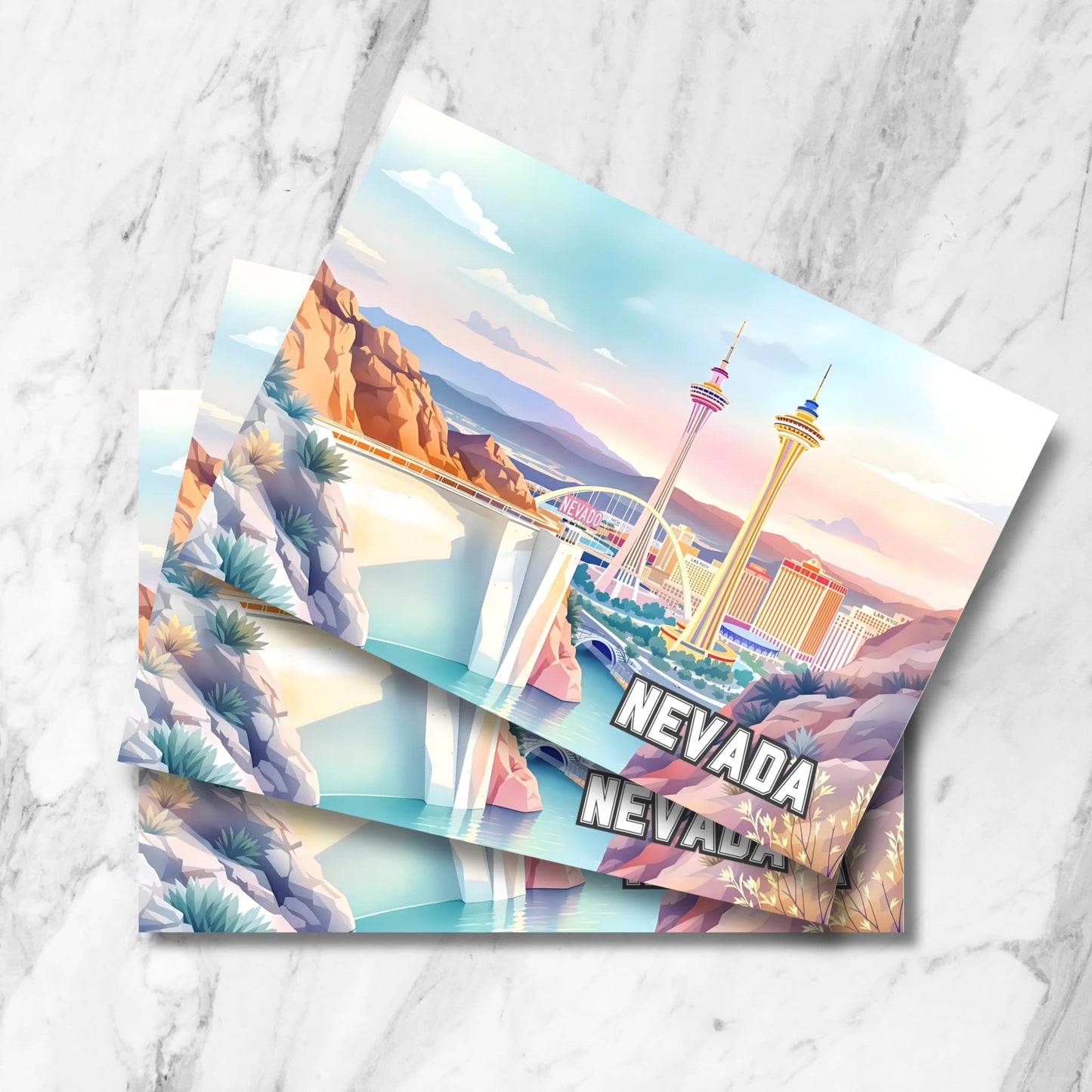 Colorful Nevada skyline postcard with canyon cliffs, twin space needle towers, and sunset desert backdrop in vibrant printable style.