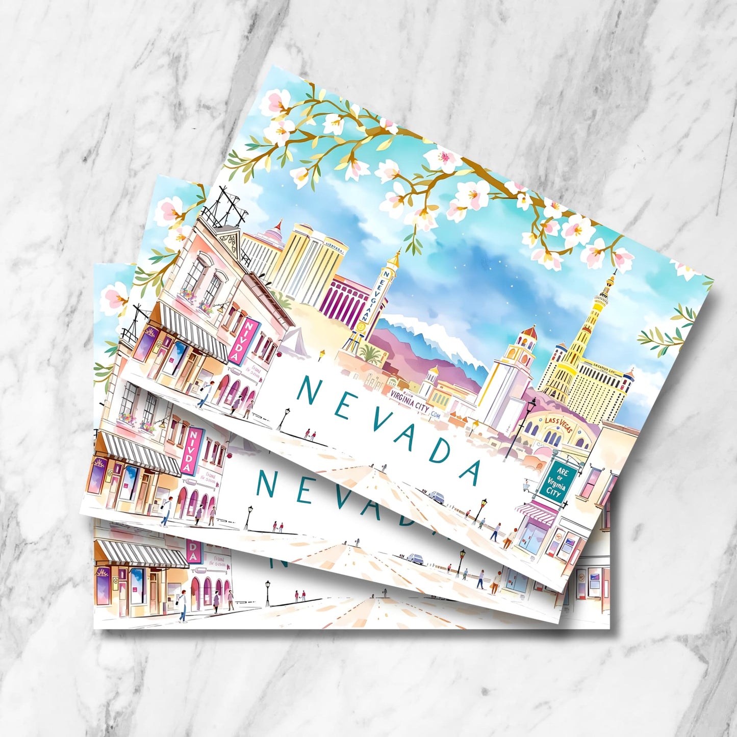 Nevada city skyline art print with Vegas landmarks, floral branches, and mountains in pastel sky, illustrated for a postcard.