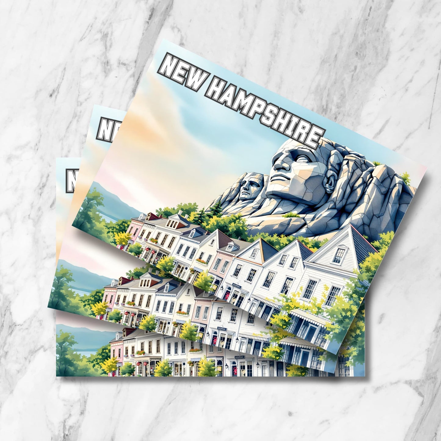New Hampshire travel postcard showing colonial storefronts with monumental stone faces sculpted into a mountain backdrop.