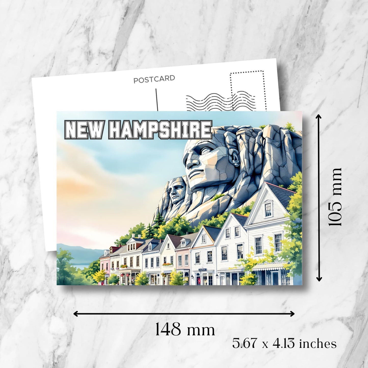 New Hampshire art print with rock-sculpted monument and scenic colonial townhouses, shown with postcard size dimensions.