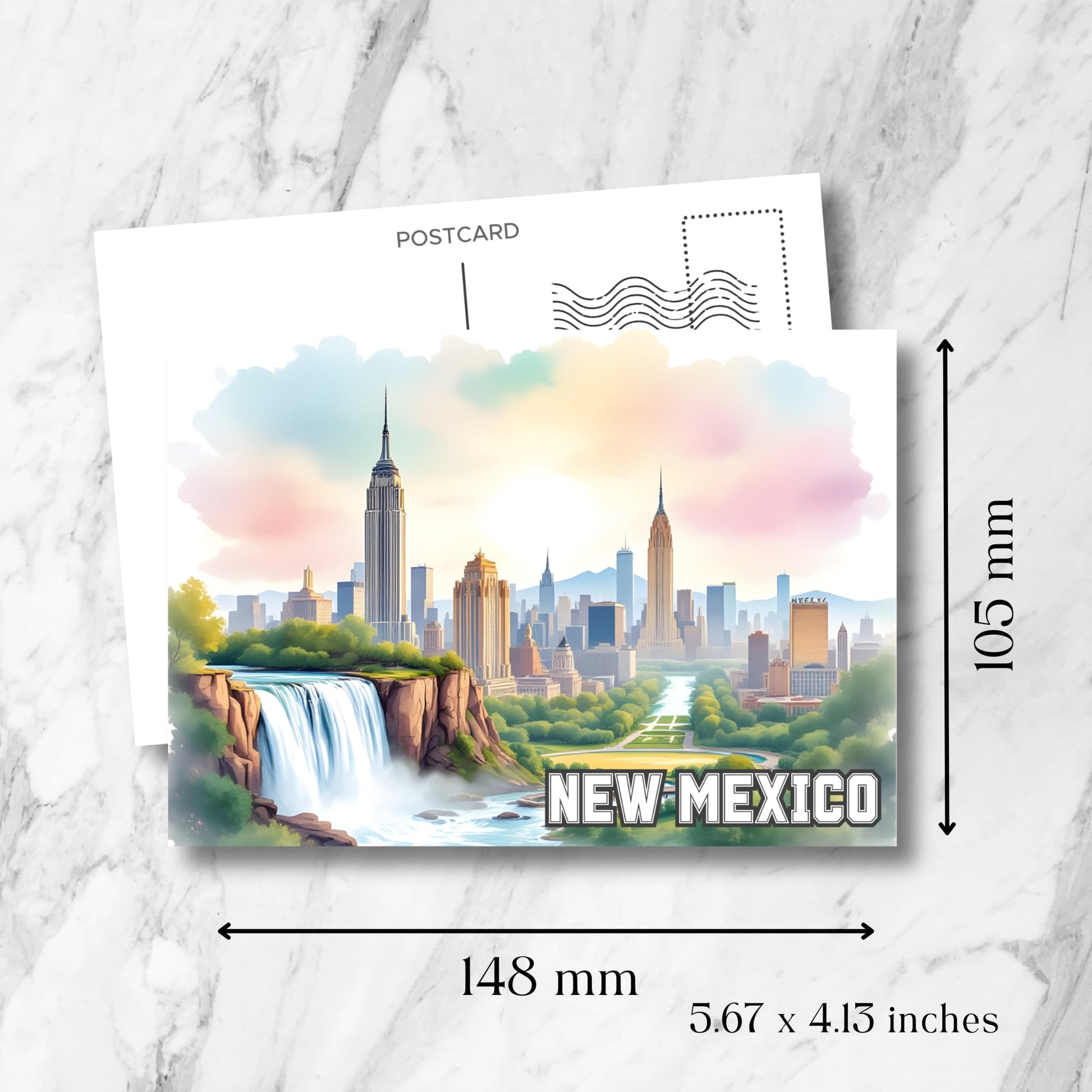 New Mexico cityscape with waterfall, postcard shown with size dimensions in printable format.