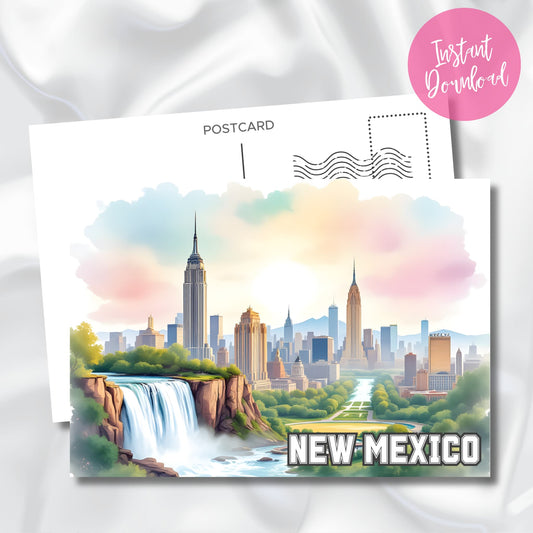 Colorful digital illustration of New Mexico skyline at sunrise with lush waterfall and greenery.