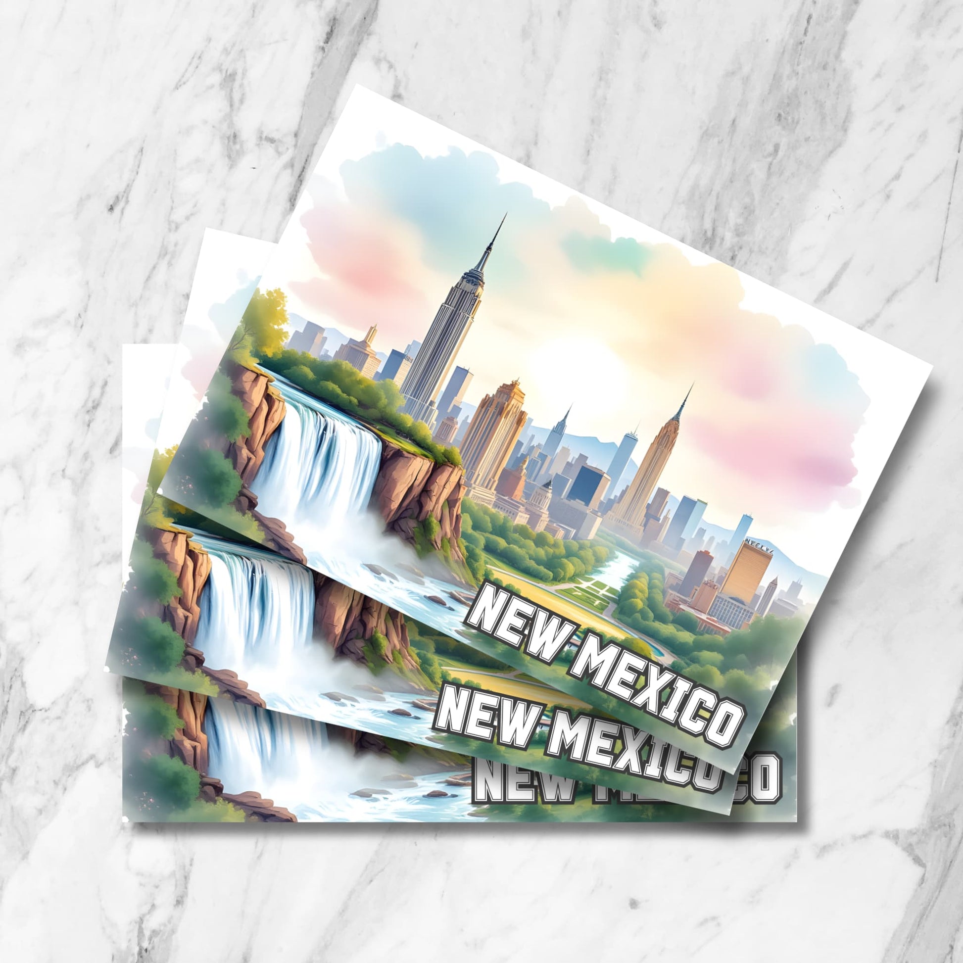 Instant download postcard featuring dreamy New Mexico skyline, trees, and cascading waterfall