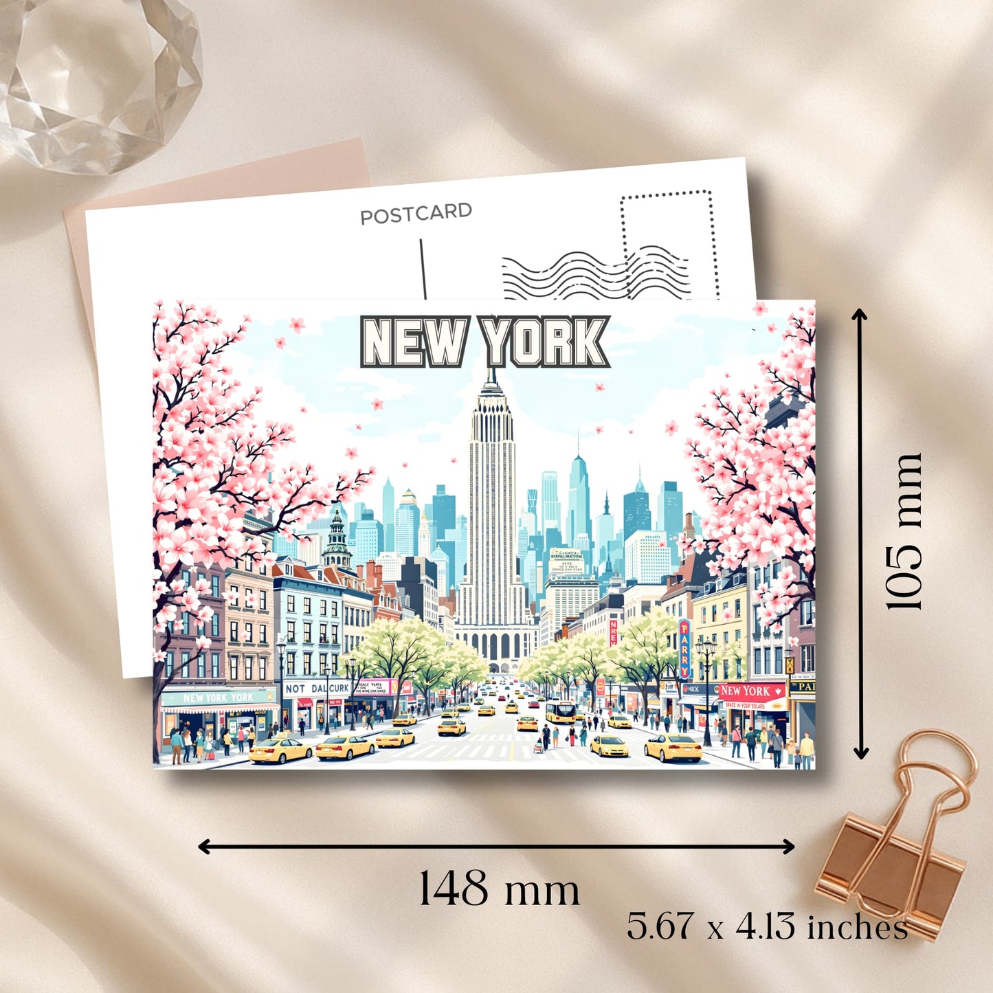 New York City postcard art print showing 5.7x4.1 inch dimensions with Manhattan skyline and spring blossoms.