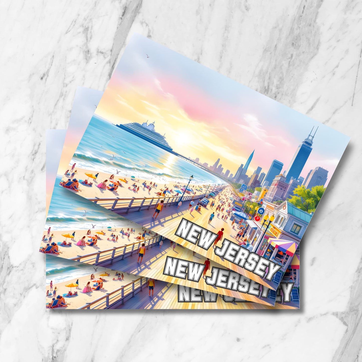 Illustrated New Jersey boardwalk at golden sunset with crowds, beachgoers, and vibrant city skyline in the distance, shown on a layered postcard stack over white marble.