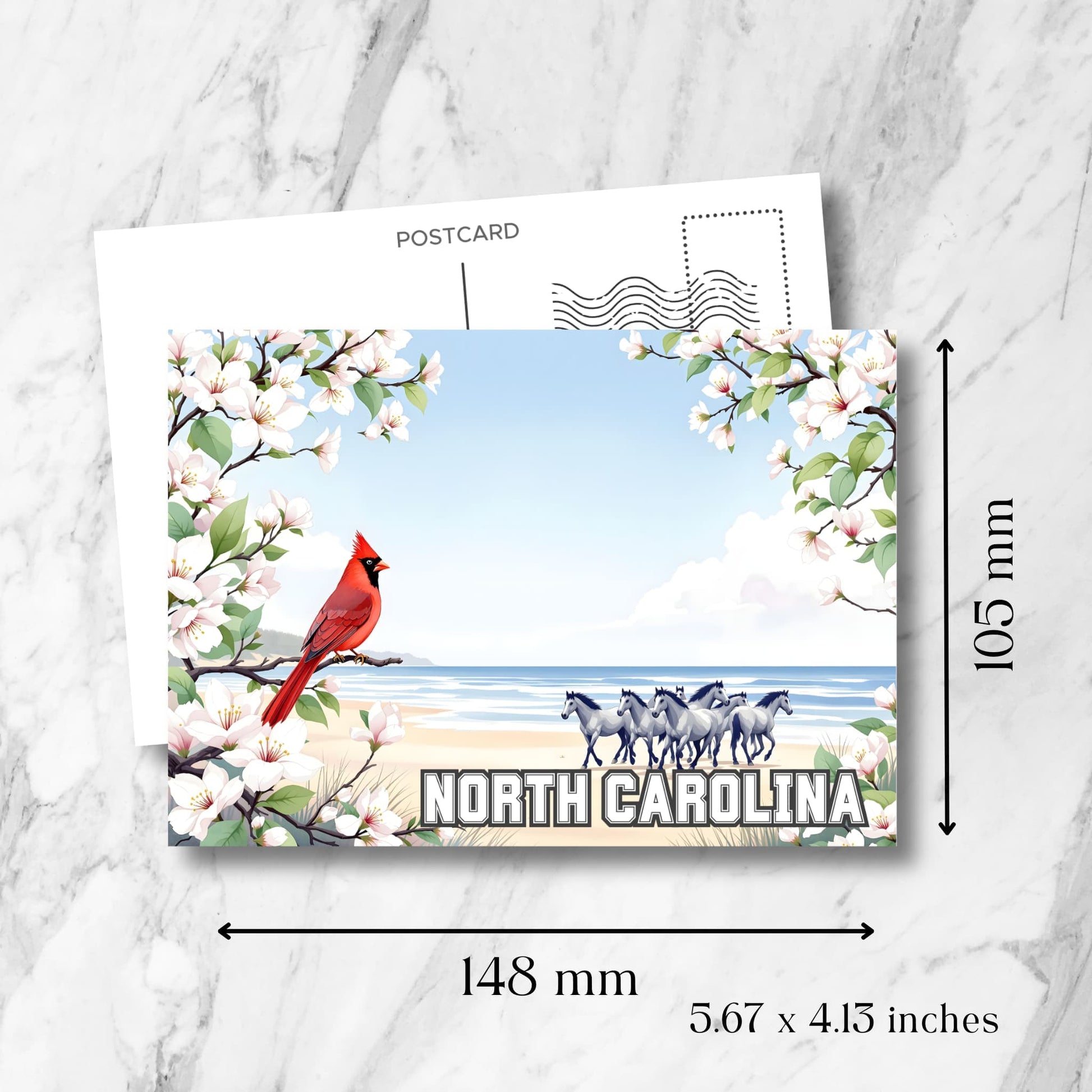 Printable art showing red cardinal, galloping horses, and pastel North Carolina beach with postcard dimensions