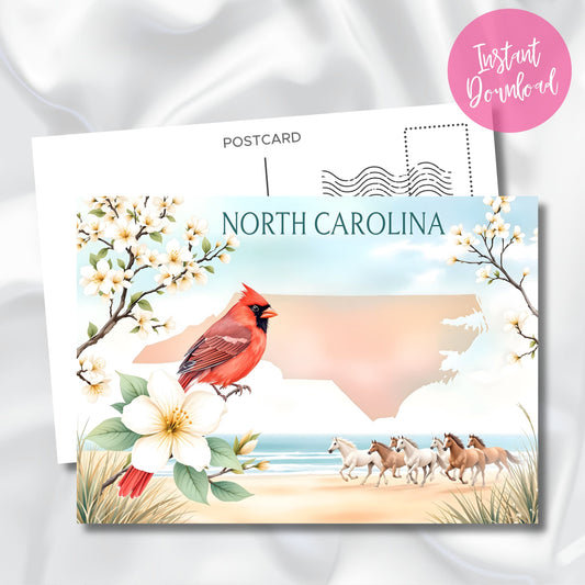 Instant download of North Carolina digital print with red cardinal, wild horses, and soft floral beach scene