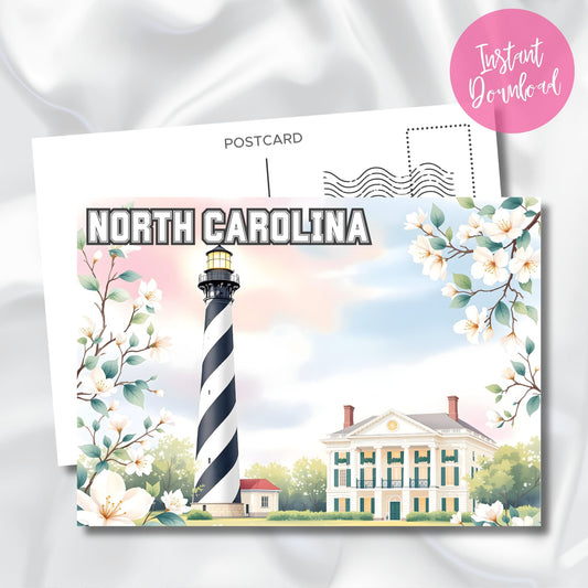 Instant download art print of historic lighthouse and colonial-style home in North Carolina with spring blooms