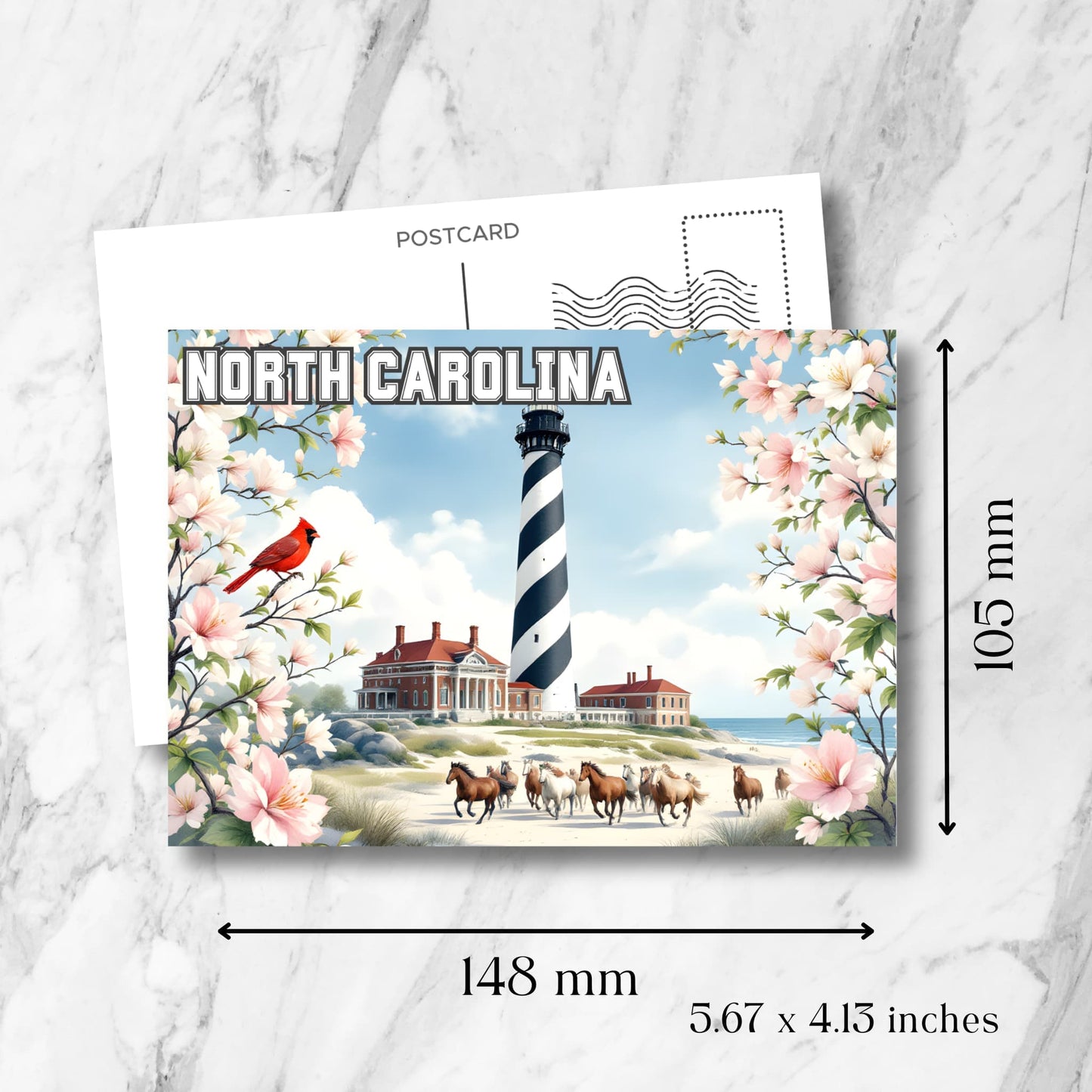 Printable postcard featuring striped lighthouse, wild horses, and pink dogwood flowers, with measurements
