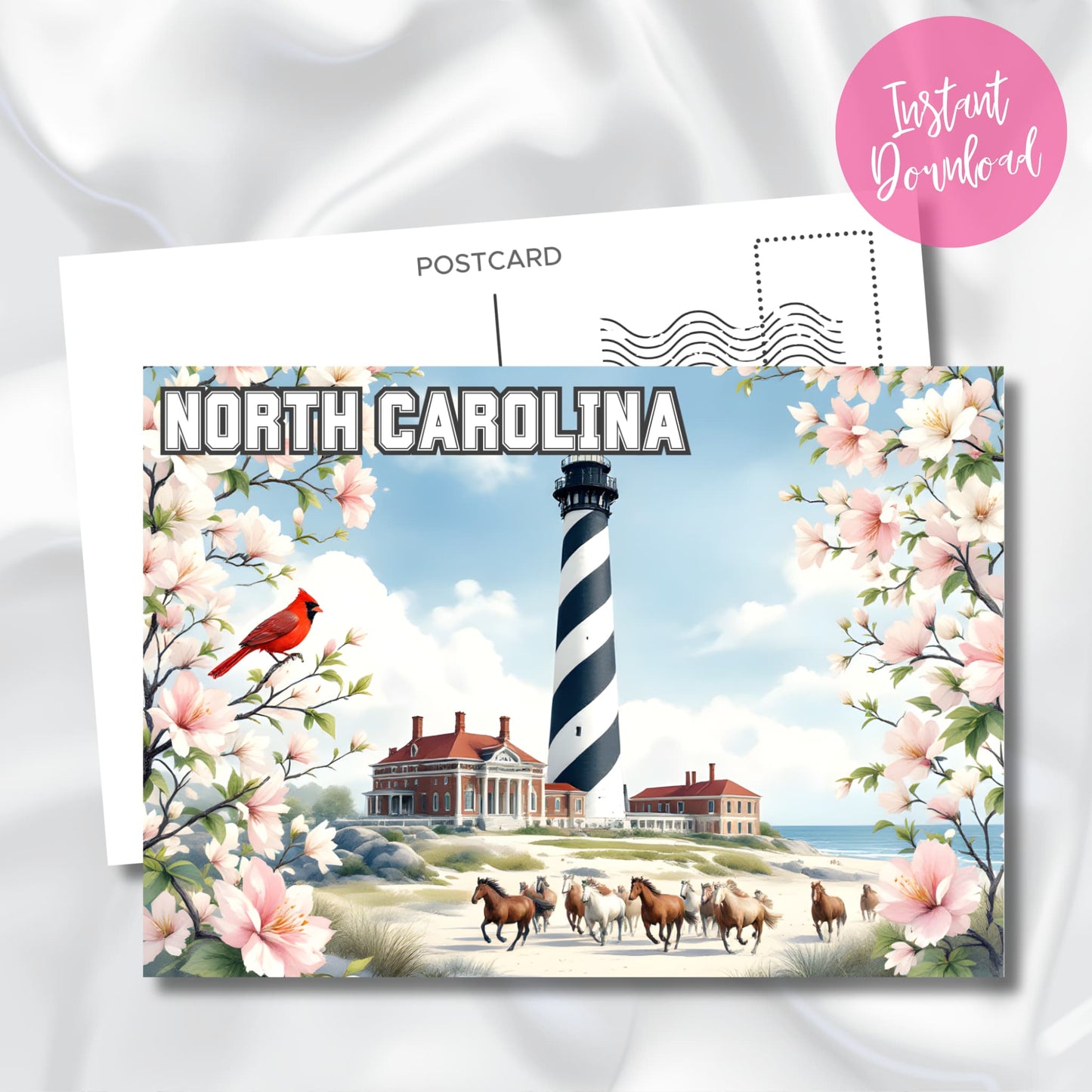 Instant download postcard of North Carolina lighthouse with wild horses and state flower dogwood