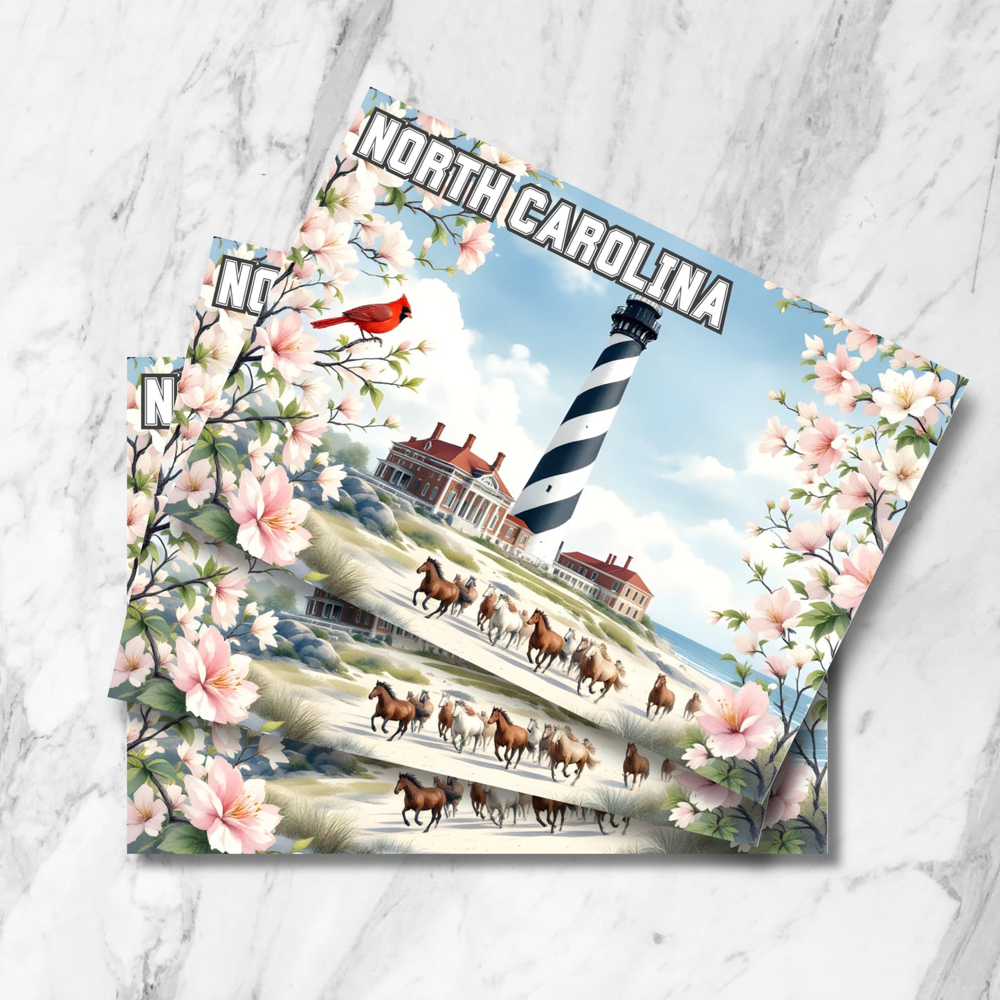 Digital illustration of wild horses running along North Carolina coast with lighthouse and spring blossoms