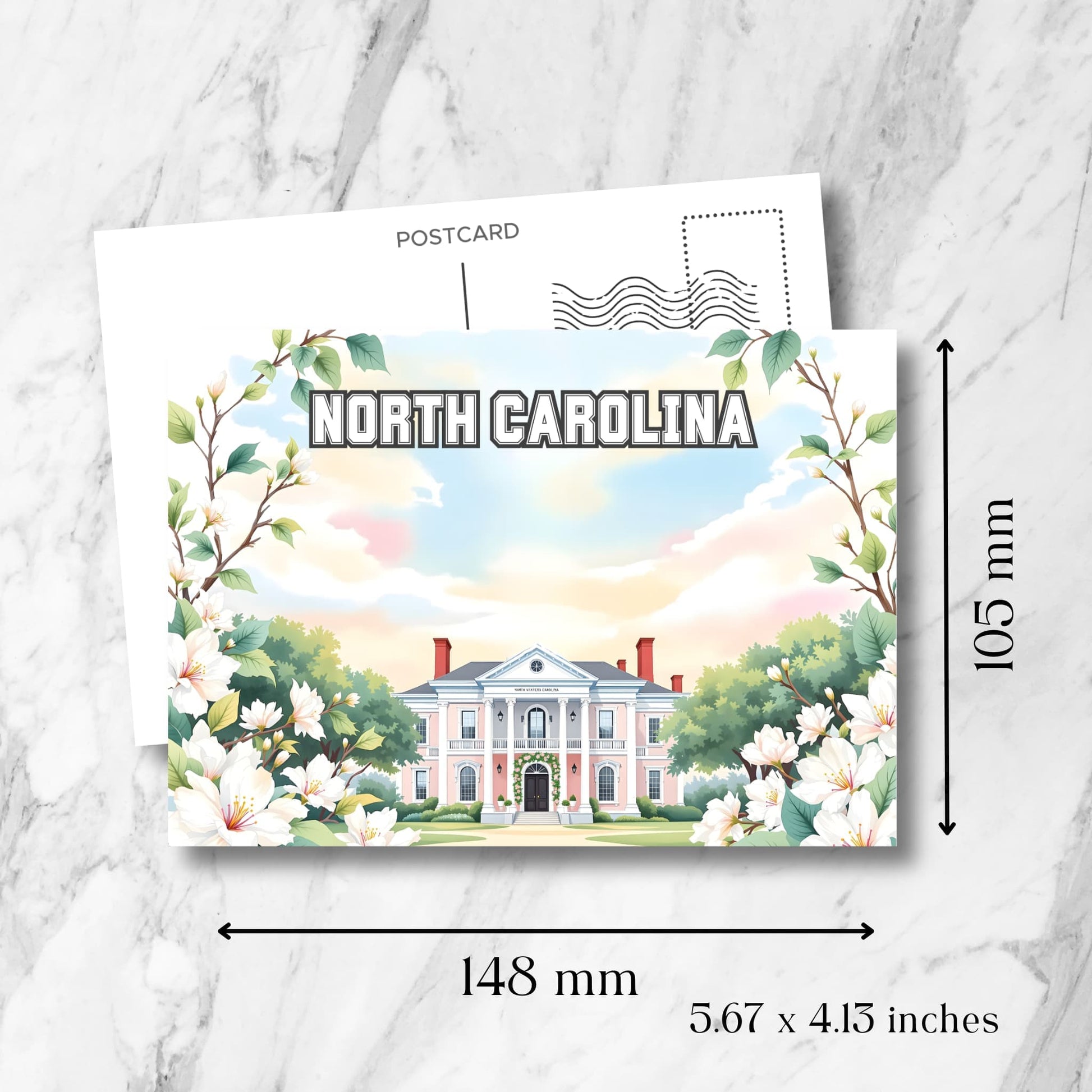 Printable postcard showing Southern-style mansion in North Carolina with floral border and sizing info