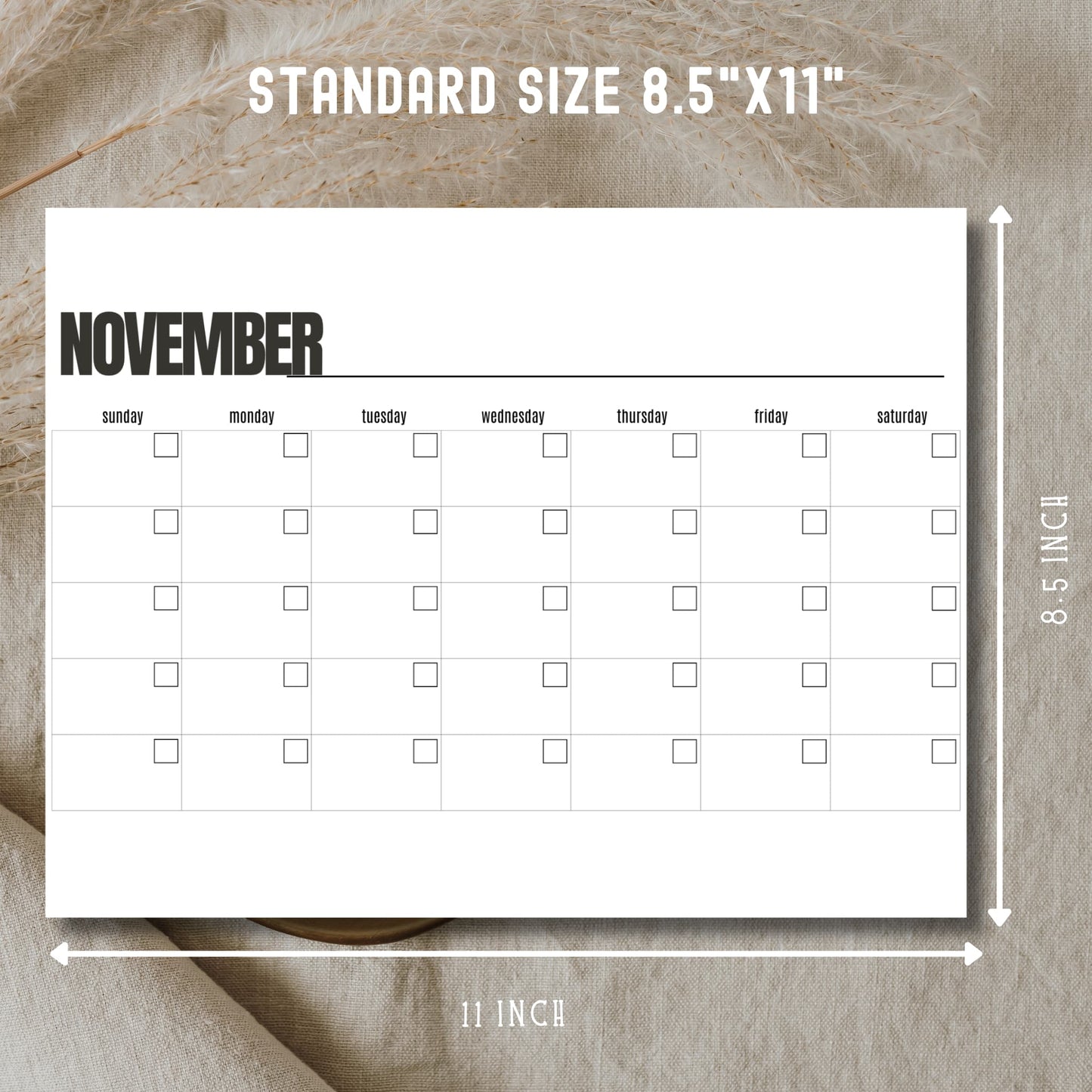 November printable planner showing standard 8.5x11 inch letter size with dimension arrows