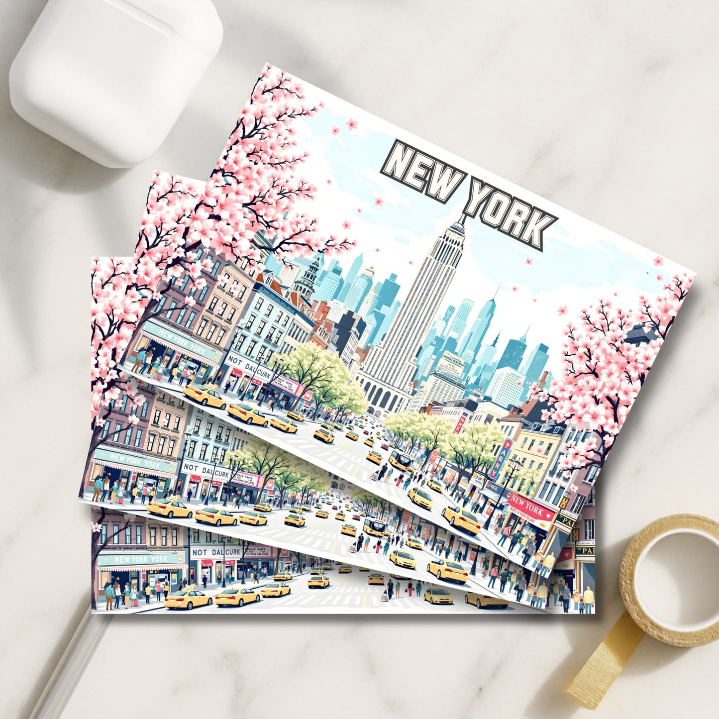 New York City illustrated art prints with pink cherry blossoms, Empire State Building and yellow taxi cabs