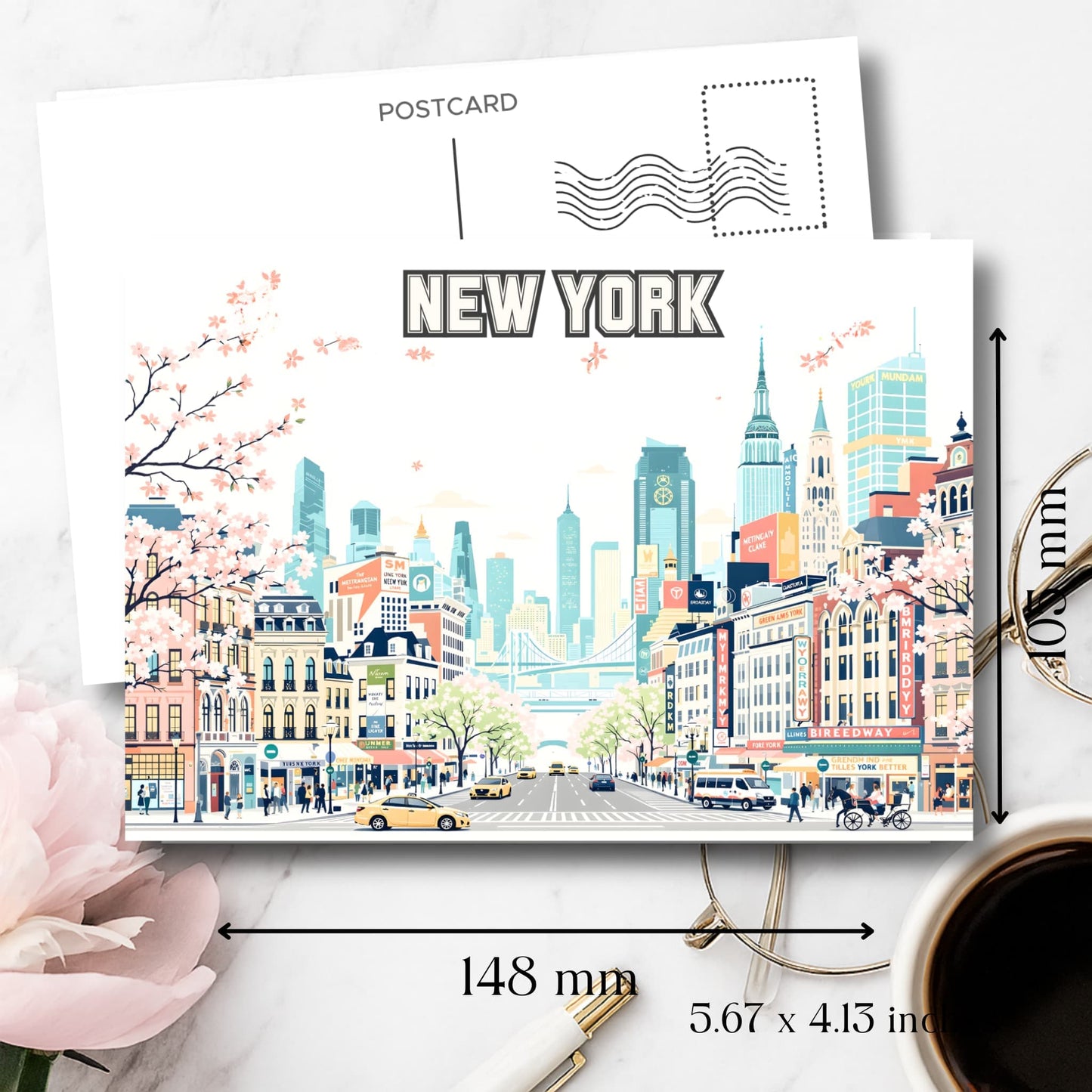 New York City postcard art print showing 5.7x4.1 inch dimensions with Empire State Building and street scene