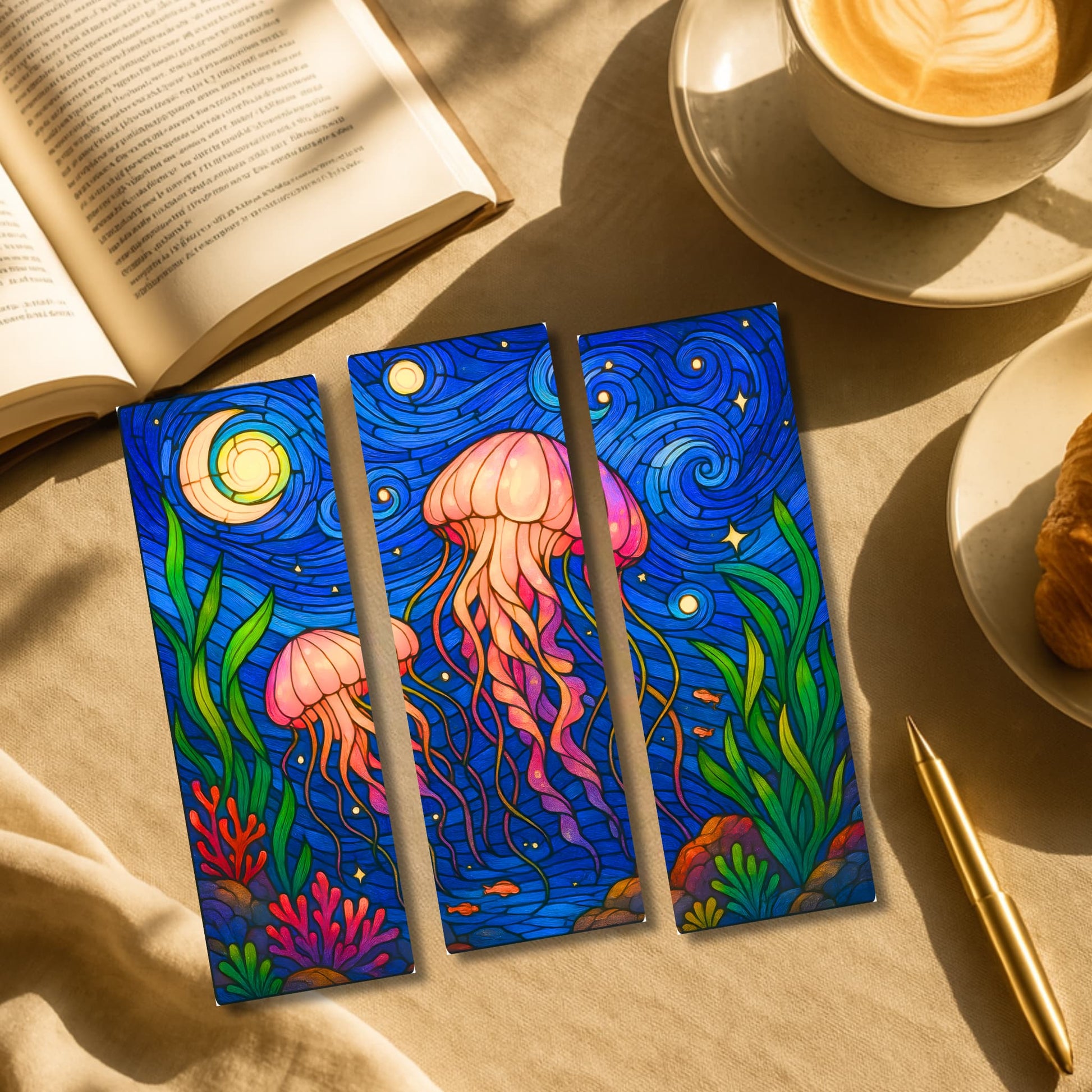 Colorful jellyfish stained glass bookmarks beside open book and coffee cup in cozy reading setup