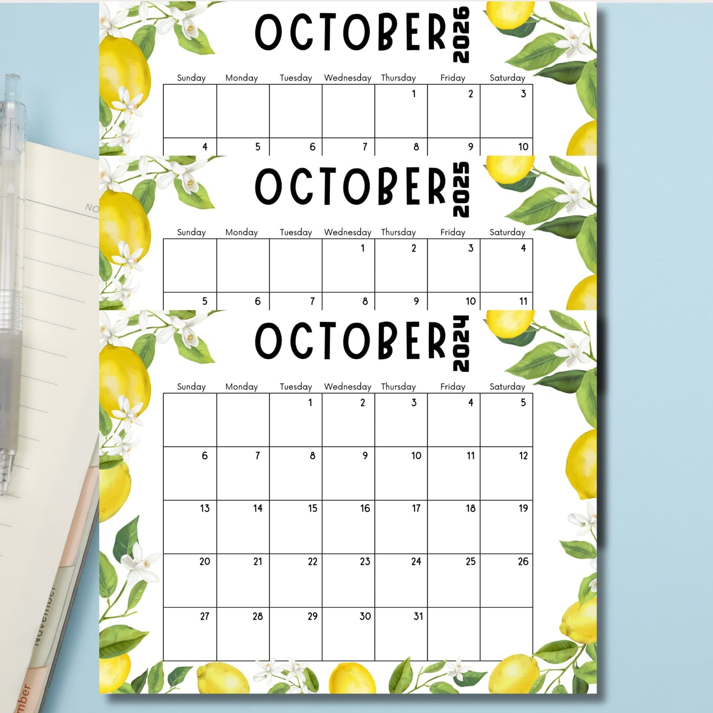 Three October calendars for 2024, 2025, and 2026 with lemon and white flower illustrations. Full month layouts bordered by yellow lemons and green leaves.