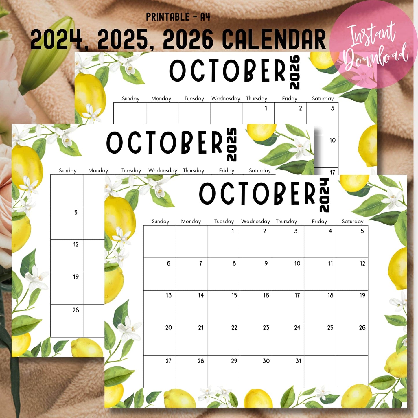 Product image for 2024, 2025, 2026 October calendars. Lemon-themed design with instant download label. Calendars shown on beige background with green plant.